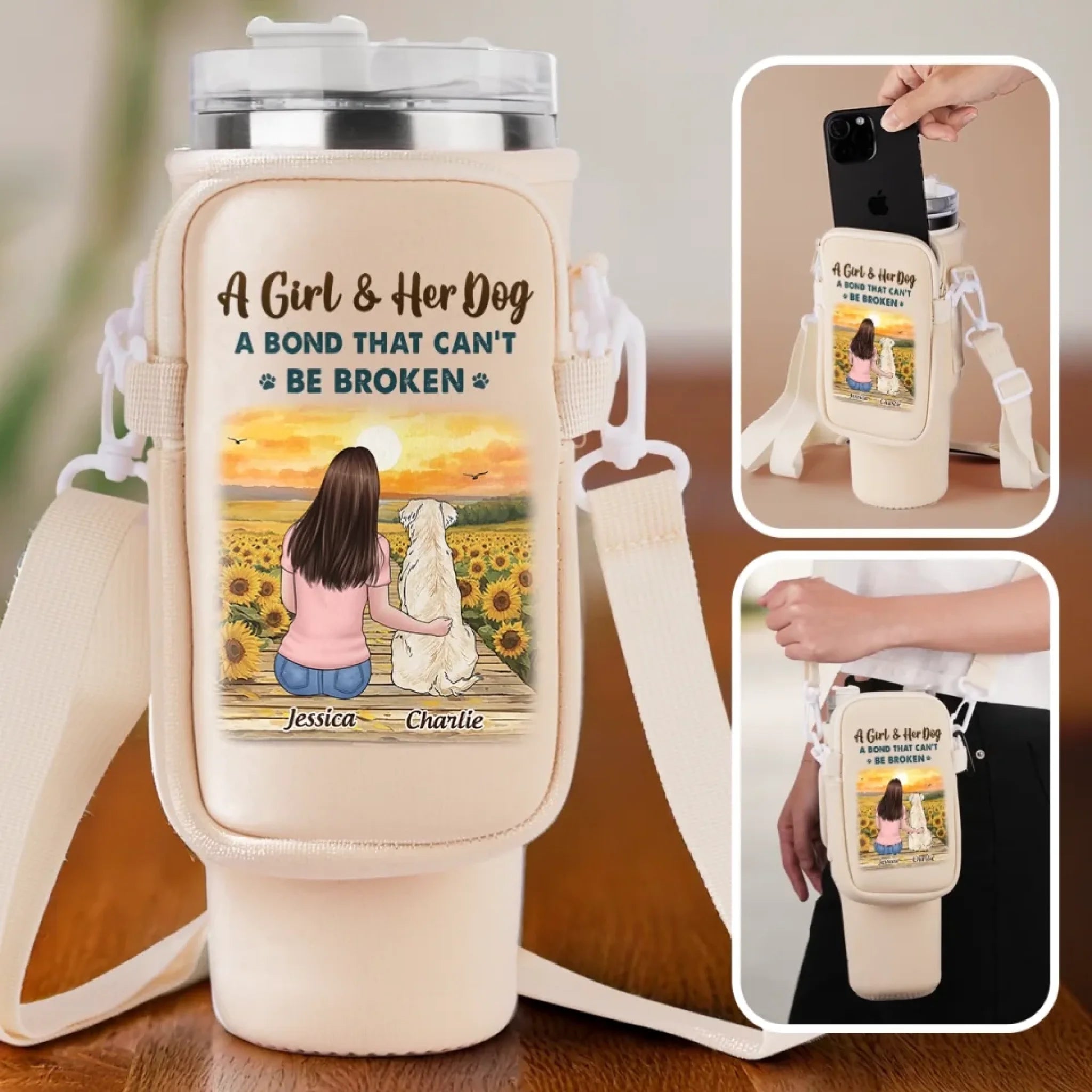 Personalized Custom Neoprene Water Bottle Carrier With Pocket for Dog Lovers and Pet Owners