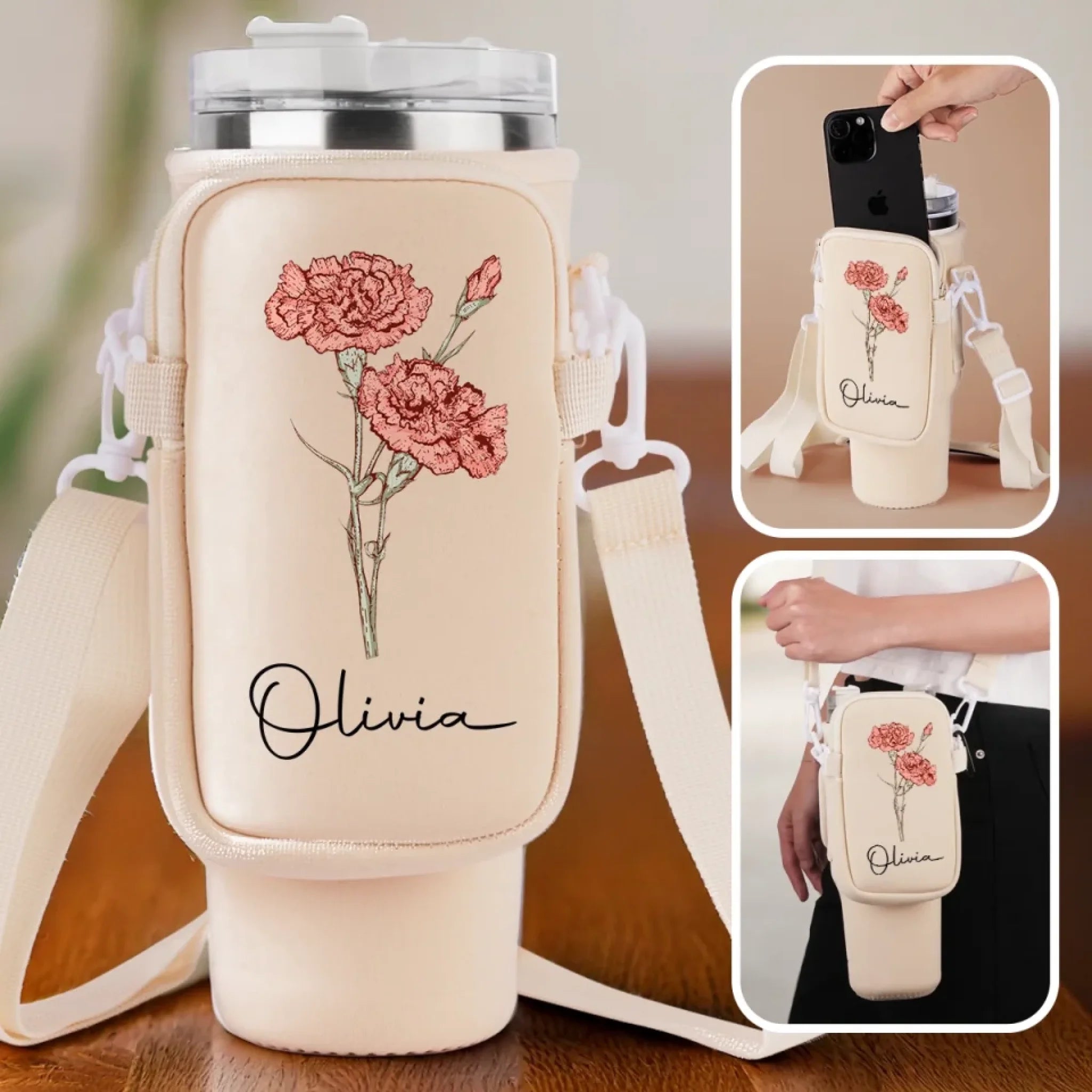 Grow Strong Flourish Like a Flower Personalized Neoprene Water Bottle Carrier with Pocket Family Gift