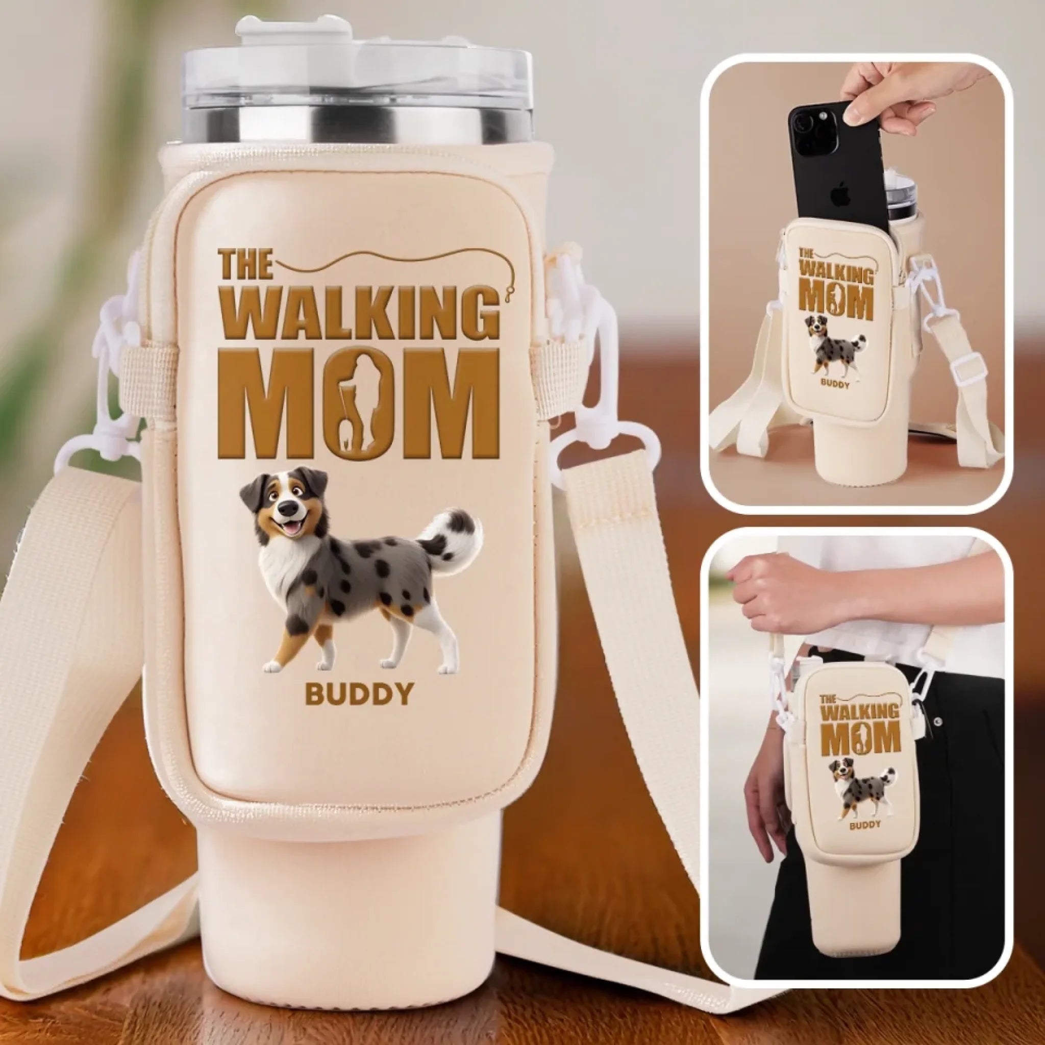 Personalized Dog Neoprene Water Bottle Carrier with Pocket, Custom Gift for Pet Owners