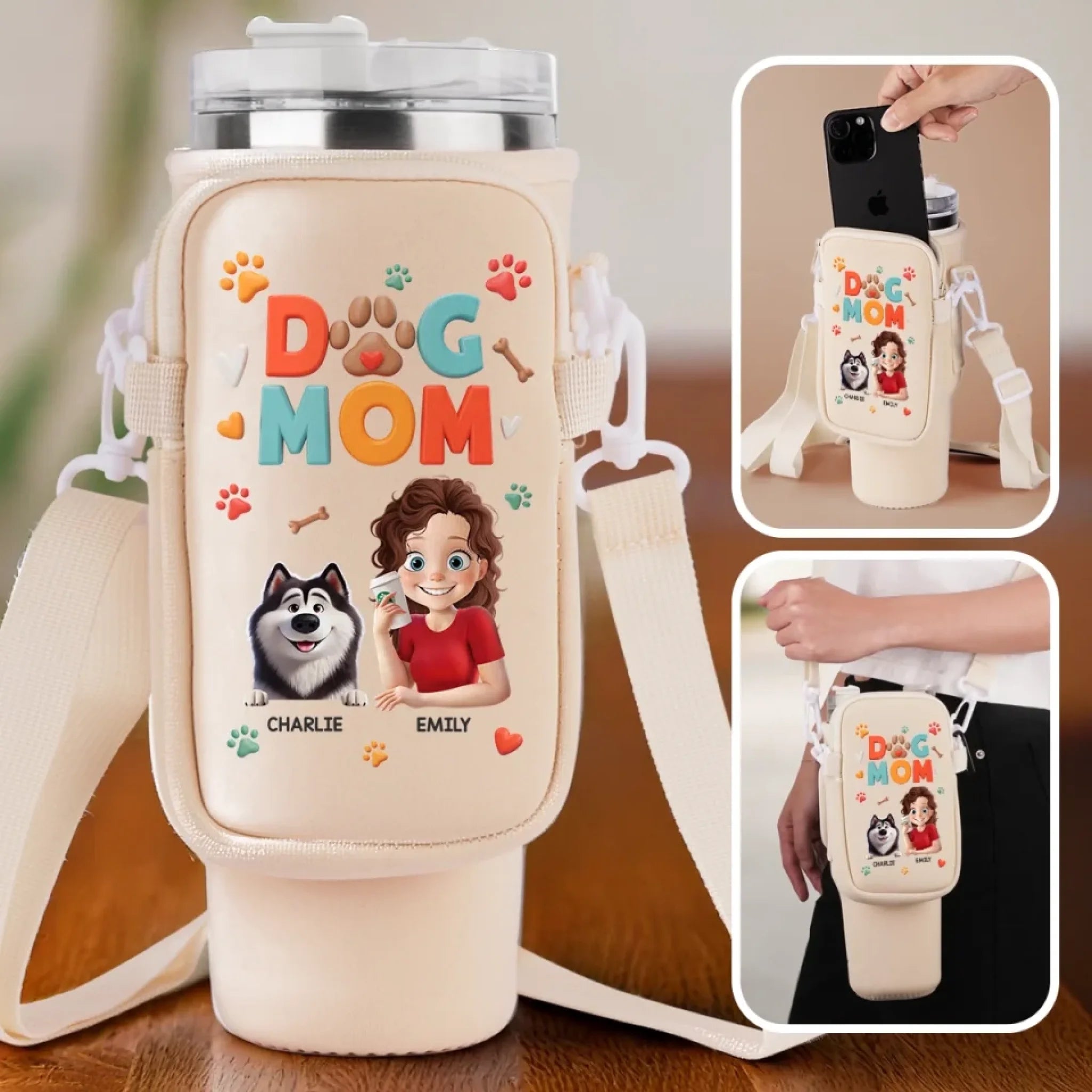 Dog Mom Vibes Only Personalized Neoprene Water Bottle Carrier with Pocket, Gift for Pet Lovers