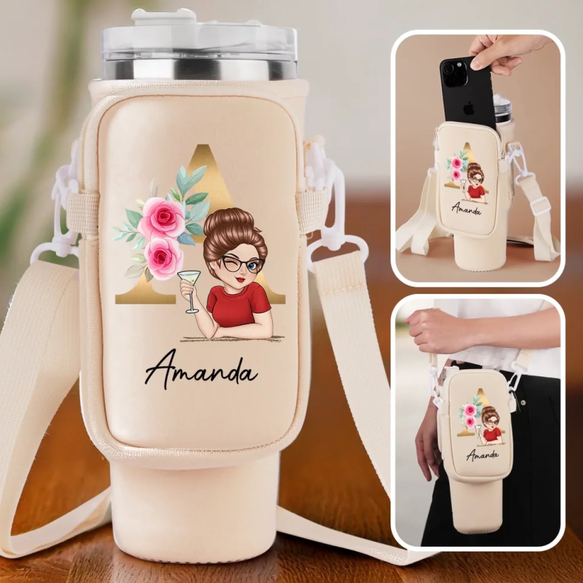Personalized Neoprene Water Bottle Carrier With Pocket, Winking Through Life Gift for Family & Friends