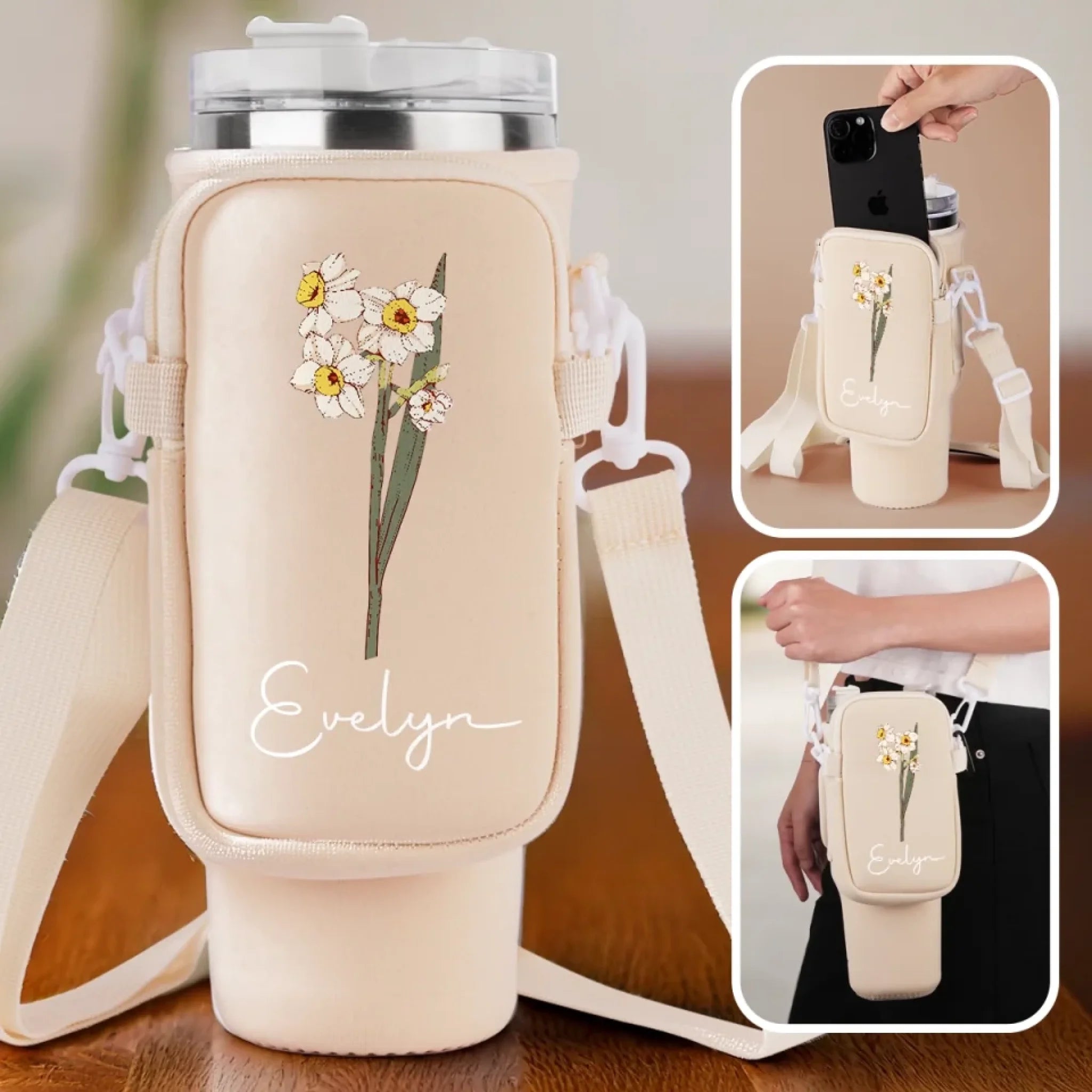 Bloom With Grace Personalized Family Neoprene Water Bottle Carrier With Pocket, Gift for Friends & Siblings