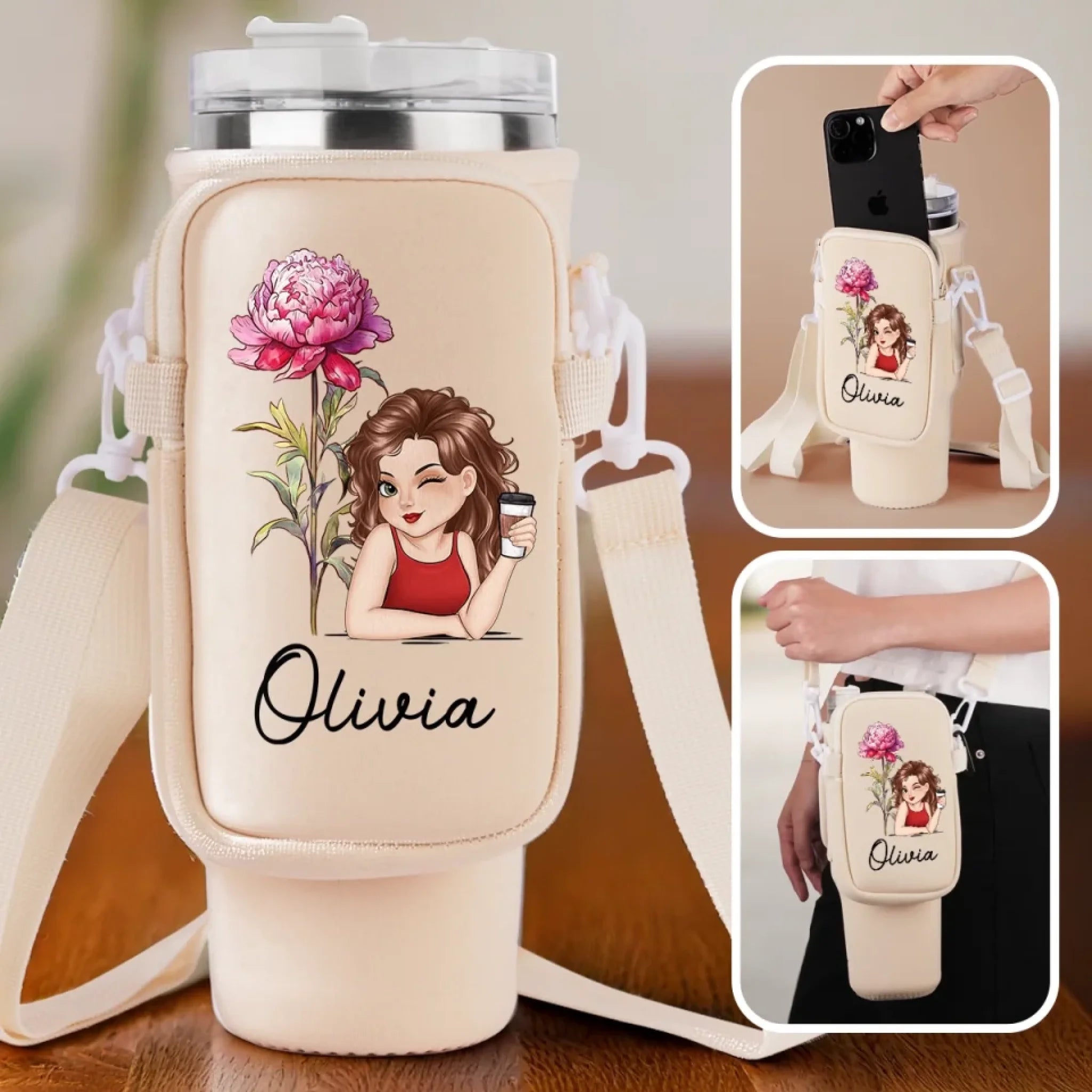 Let Your Soul Blossom Personalized Neoprene Water Bottle Carrier With Pocket - Family & Friends Gift