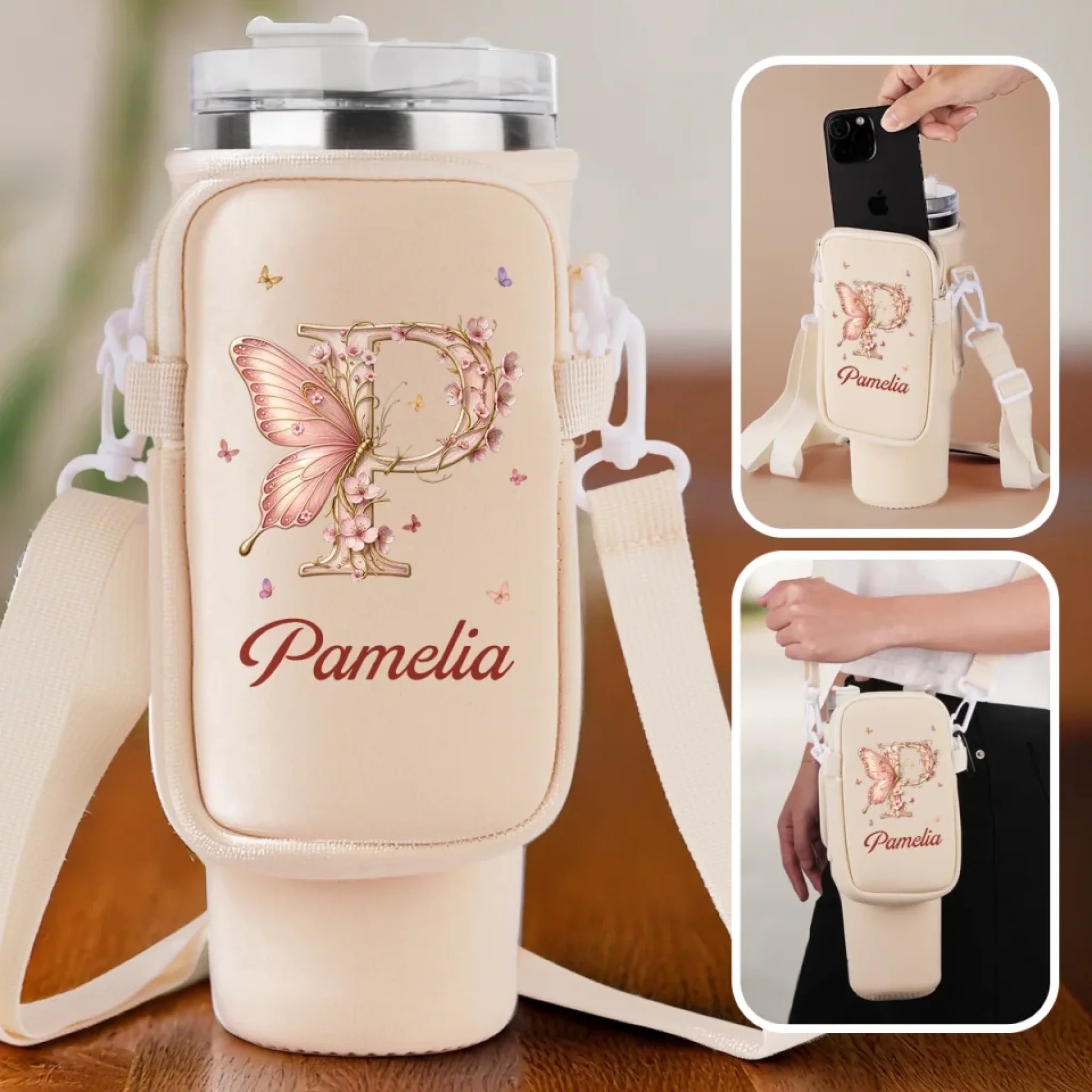 Let Your Soul Blossom Personalized Neoprene Water Bottle Carrier With Pocket, Gift for Family and Friends