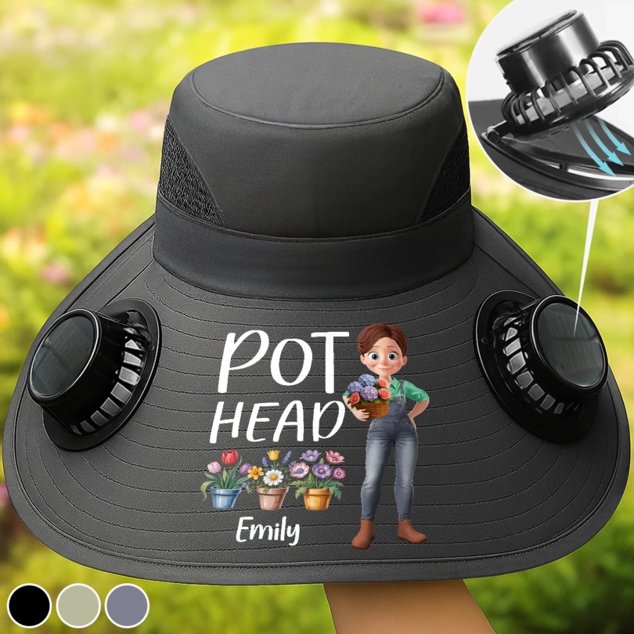 Personalized Solar Fan Hat for Gardeners, Custom Garden Gift Let Her Garden Grow