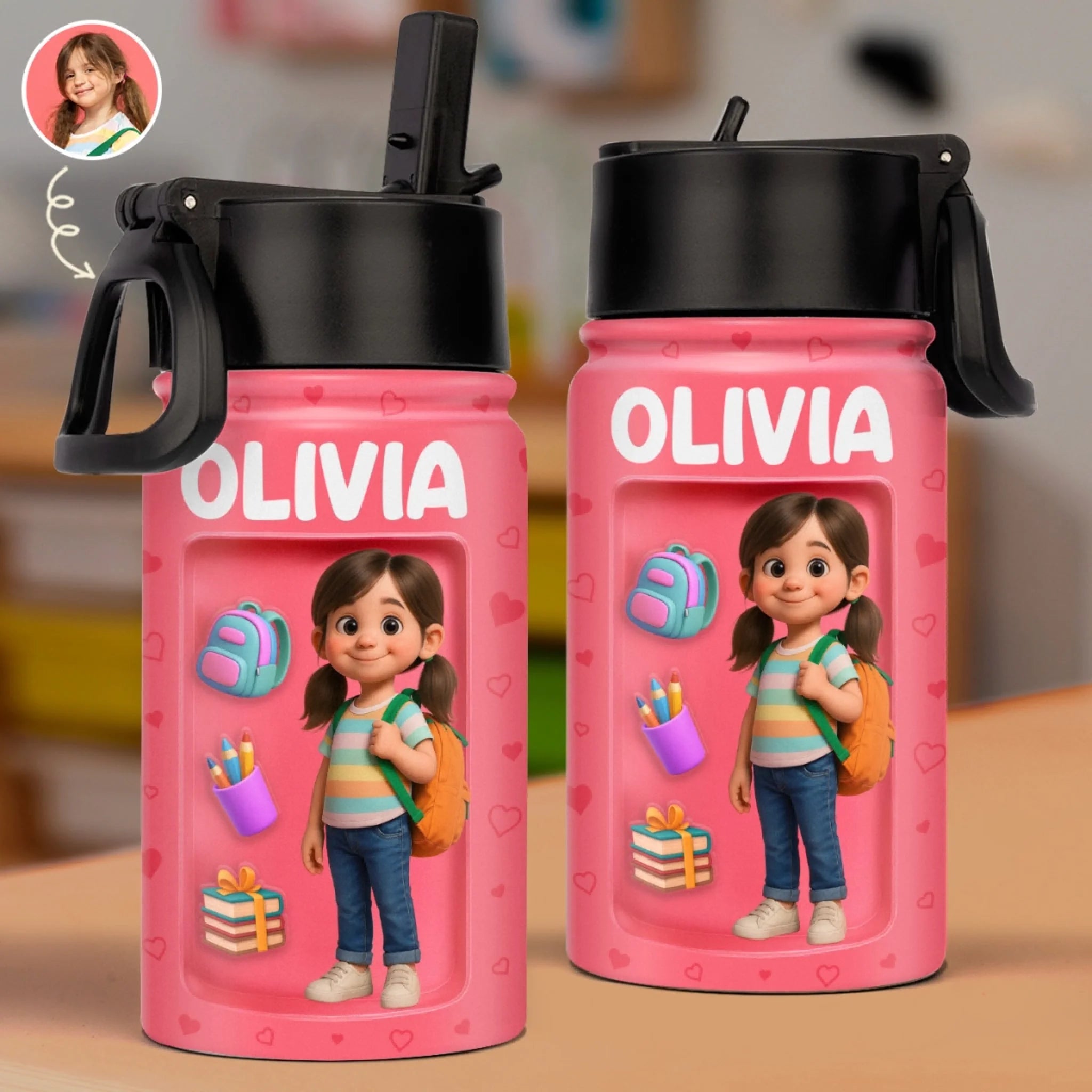 Custom Photo 3D Inflated Effect Kids Water Bottle, Personalized Back to School Gift