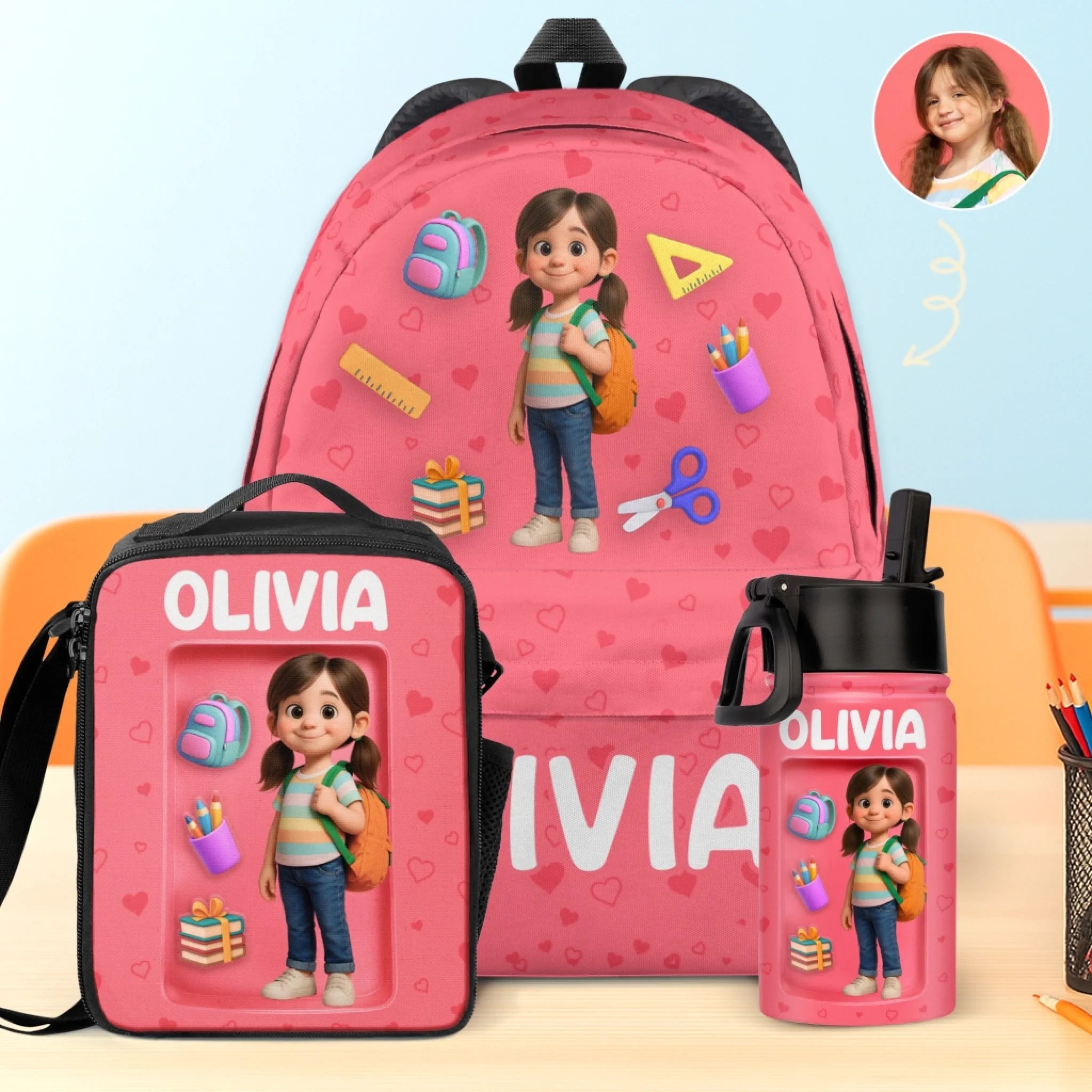 Personalized Kids Backpack Water Bottle and Lunch Bag Set with Custom Photo Back to School Gift
