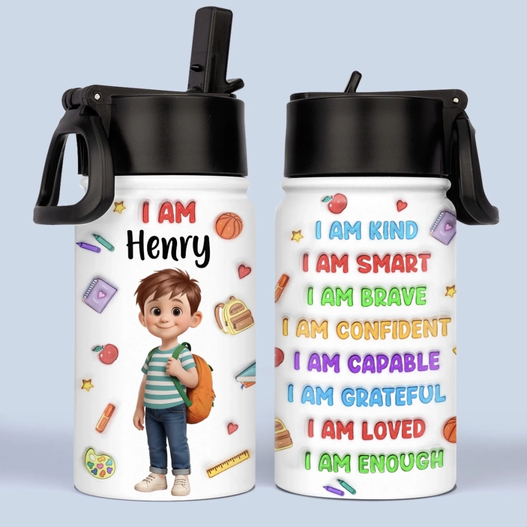 Personalized Kids Water Bottle with 3D Inflated Print, Brave Bold Smart Back to School Gift