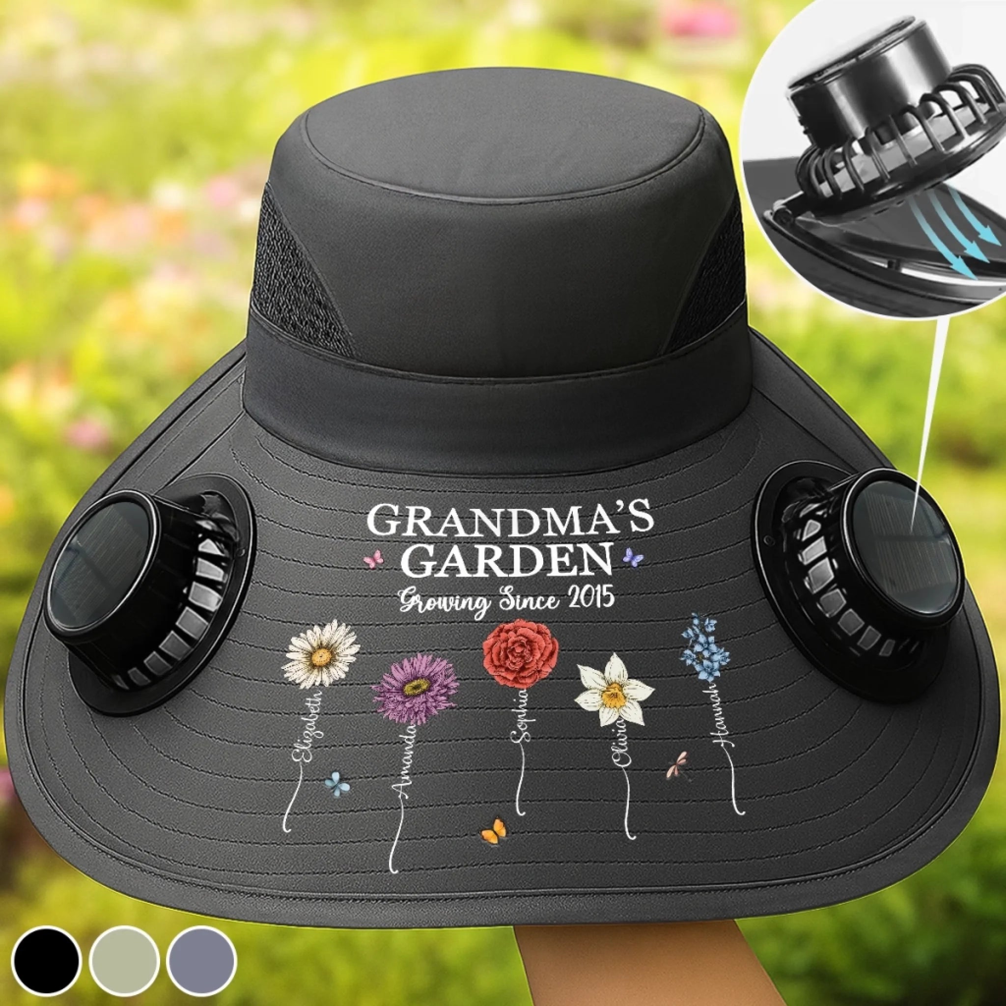 Custom Solar Power Fan Hat, Personalized Garden Gift for Gardeners, Mom or Grandma