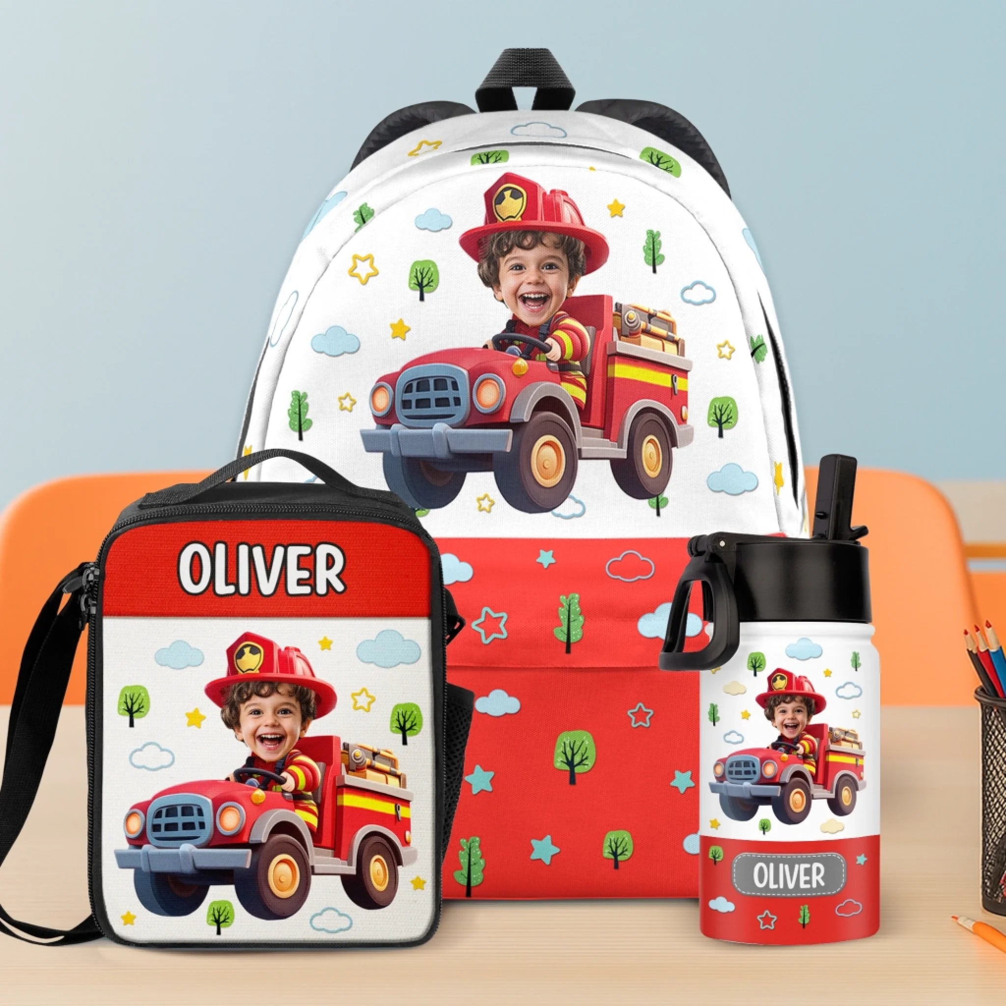 Personalized Kids Backpack with Photo, Water Bottle & Lunch Bag, Firetruck Back to School Gift