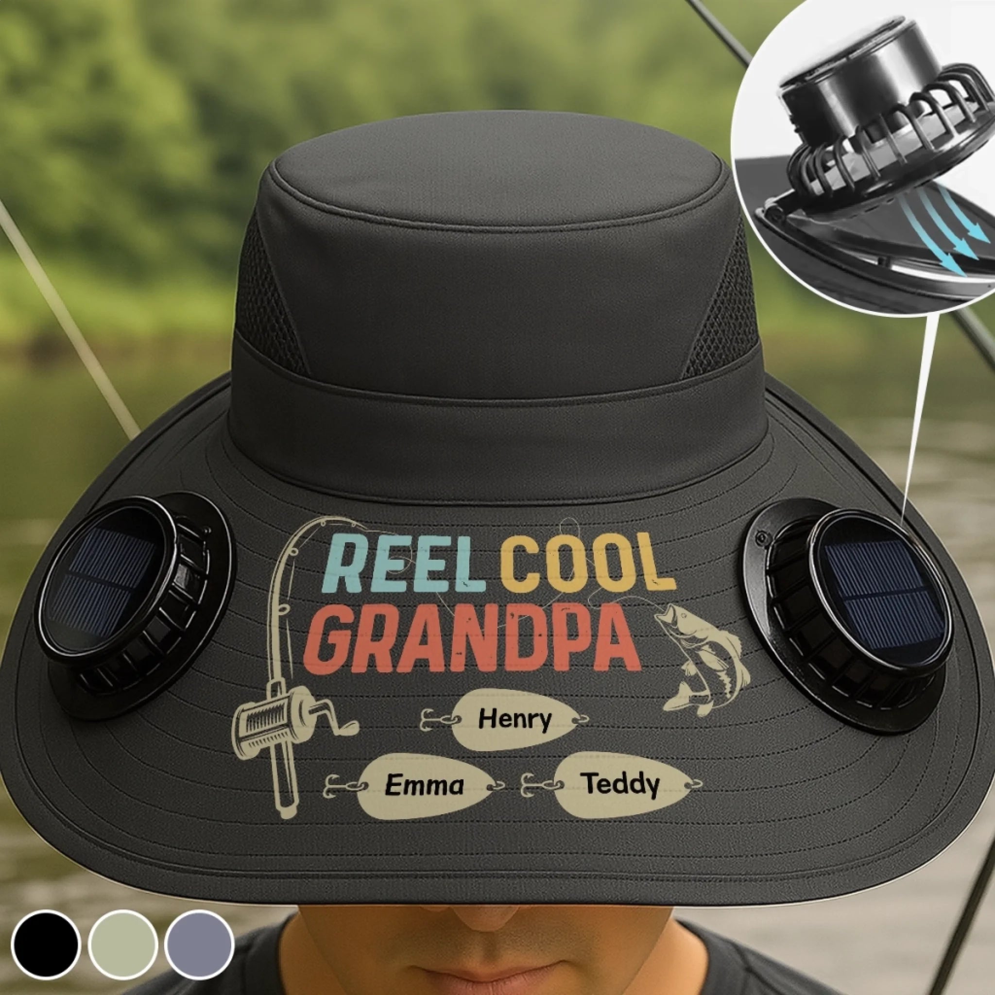 Custom Solar Fan Hat for Fisherman Personalized Birthday Gift for Dad Grandpa Reel Cool Grandpa