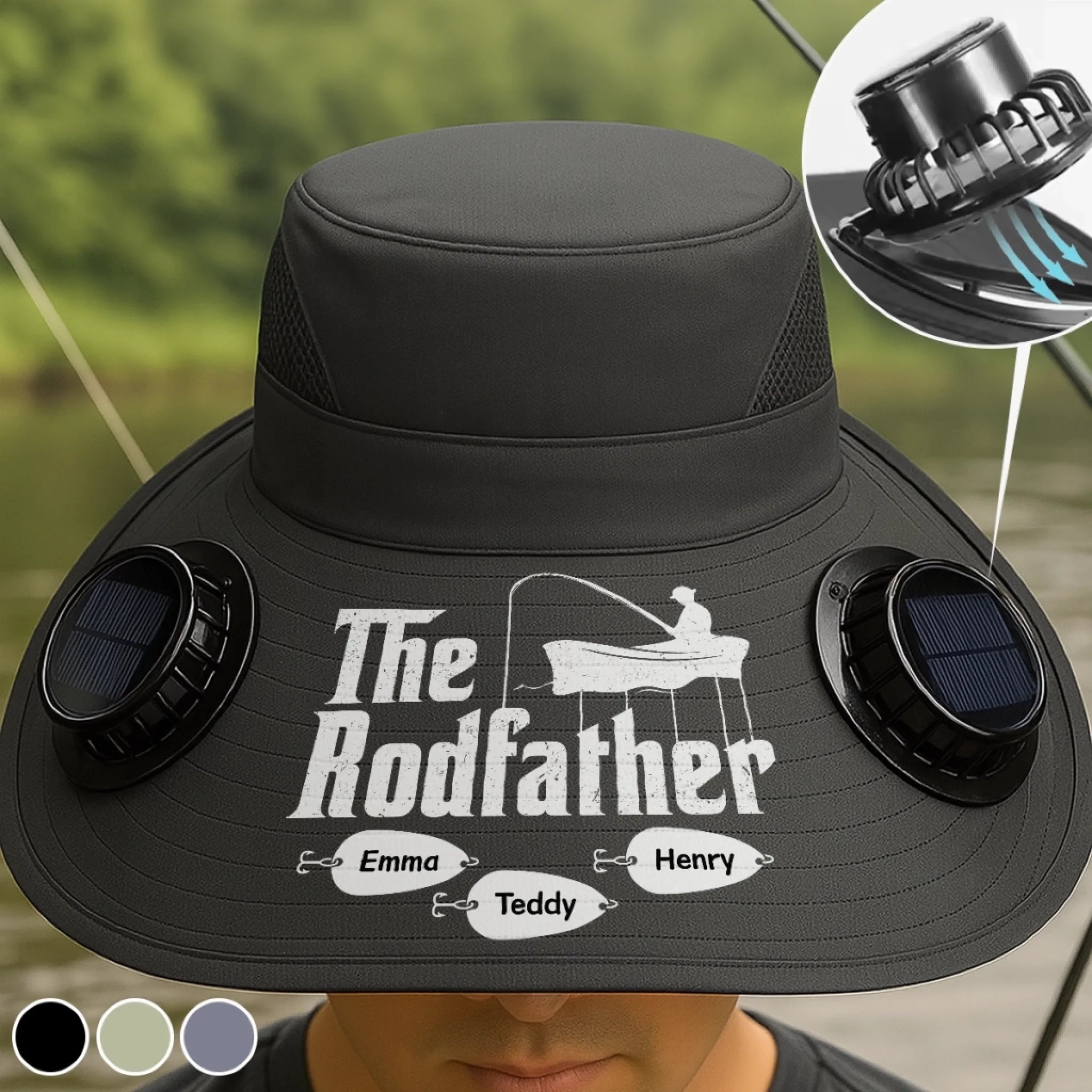 Custom Solar Fan Hat - Personalized Rodfather Birthday Fishing Gift for Dad, Grandpa or Fisherman