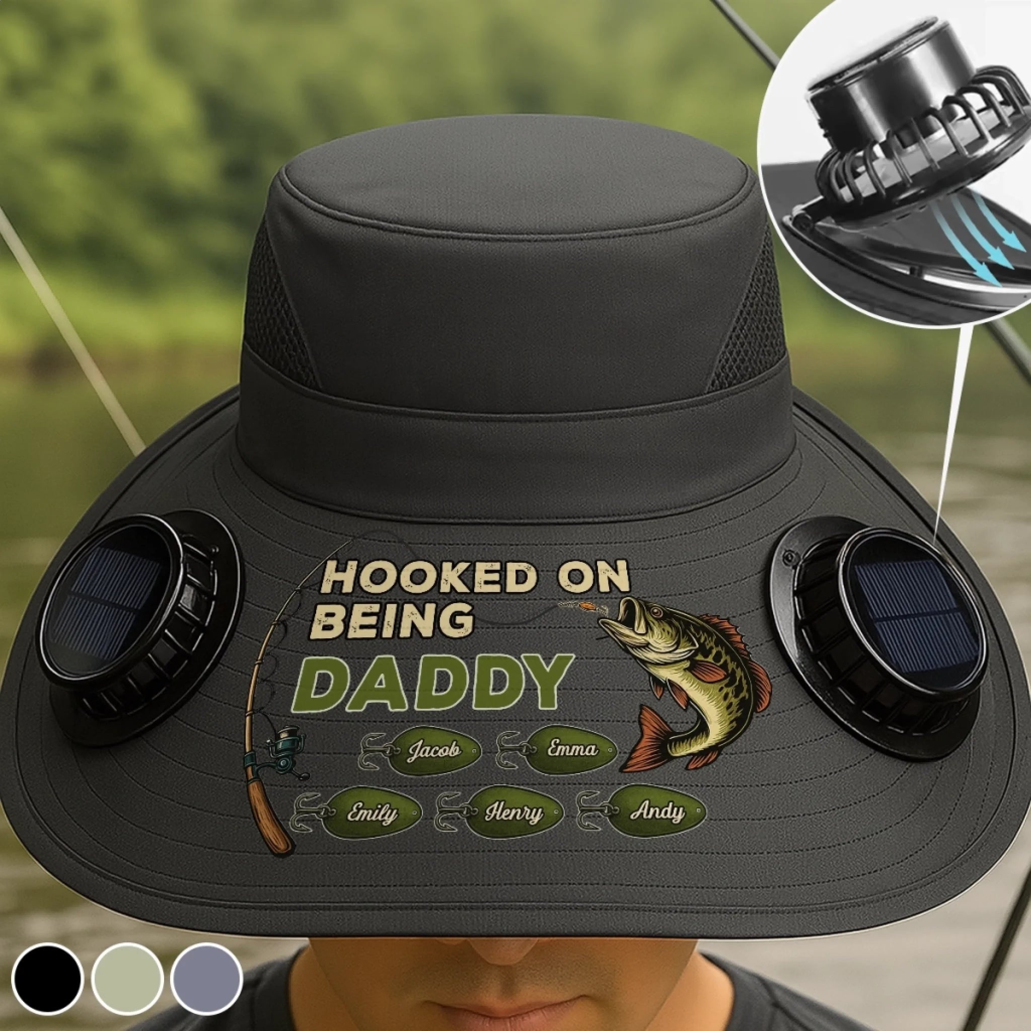 Personalized Solar Fan Hat for Fishing Custom Birthday Gift for Dad Grandpa Fisherman