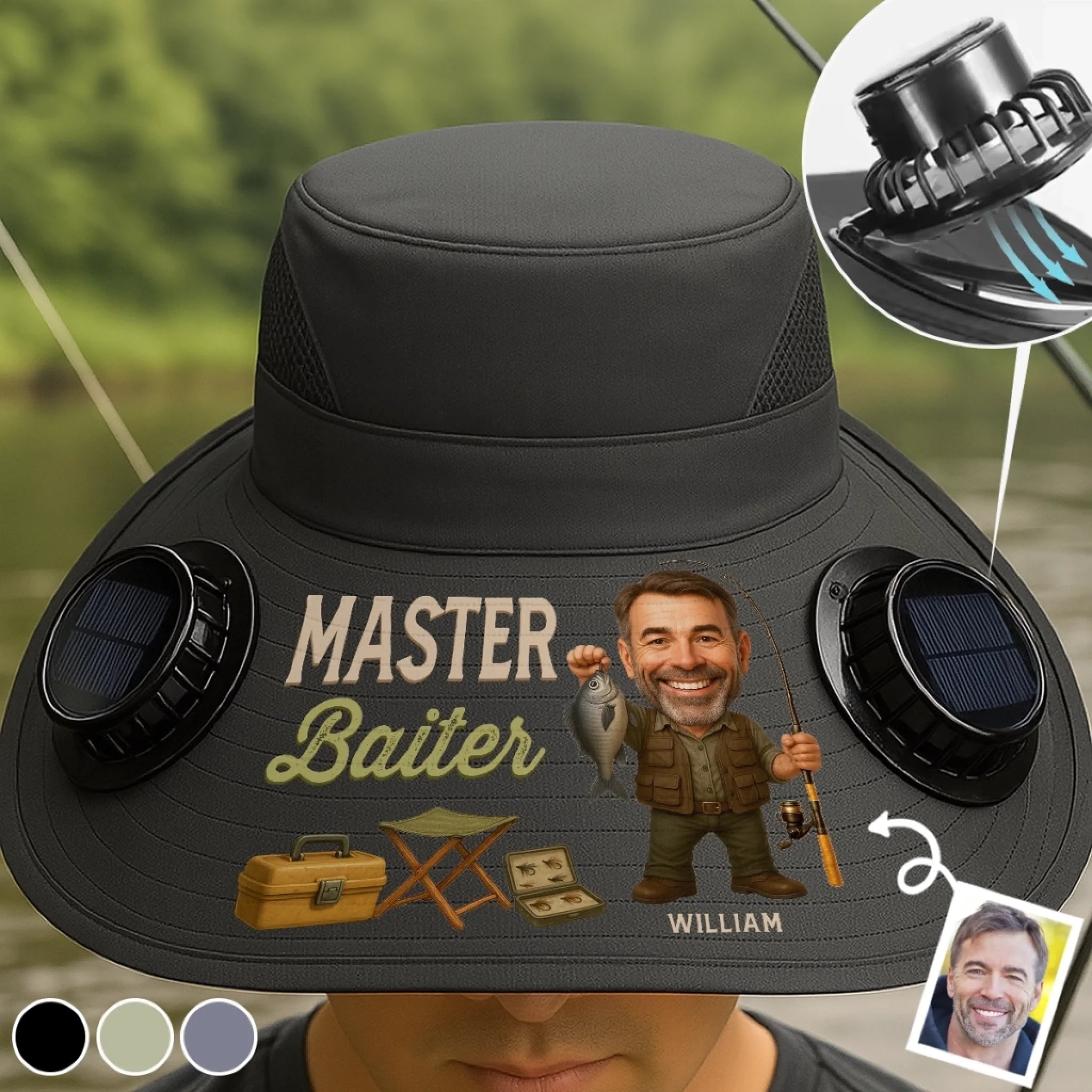 Custom Photo Solar Fan Hat, Personalized Fishing Birthday Gift for Fisherman Dad Grandpa