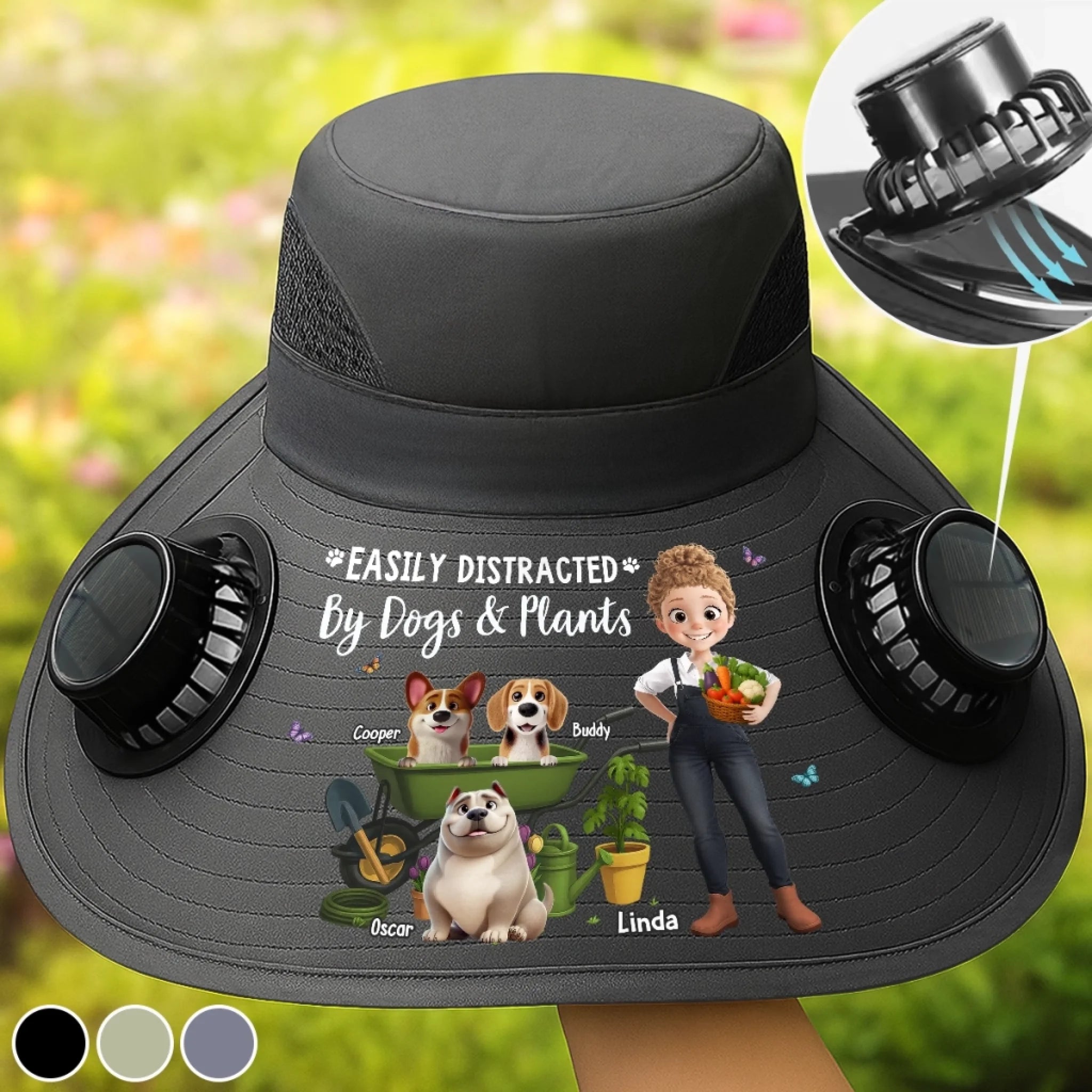 Personalized Solar Fan Hat for Gardeners & Dog Lovers, Custom Garden Gift for Dog Mom or Dad