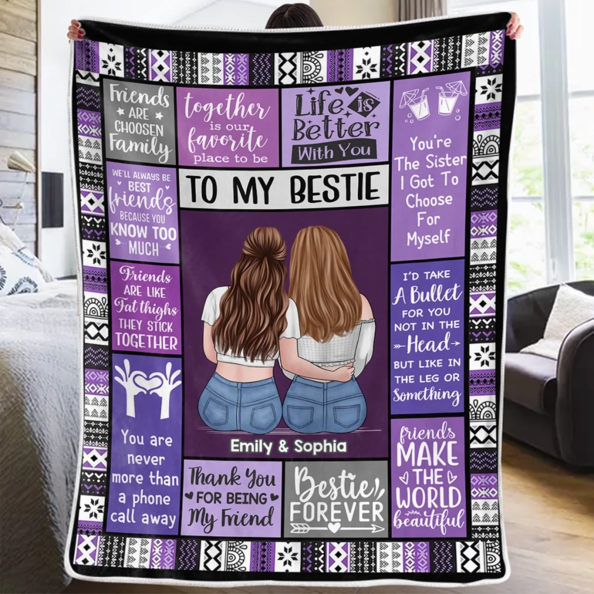 Custom Best Friend Blanket, Personalized BFF Christmas or Birthday Gift for Women, Sisters and Besties