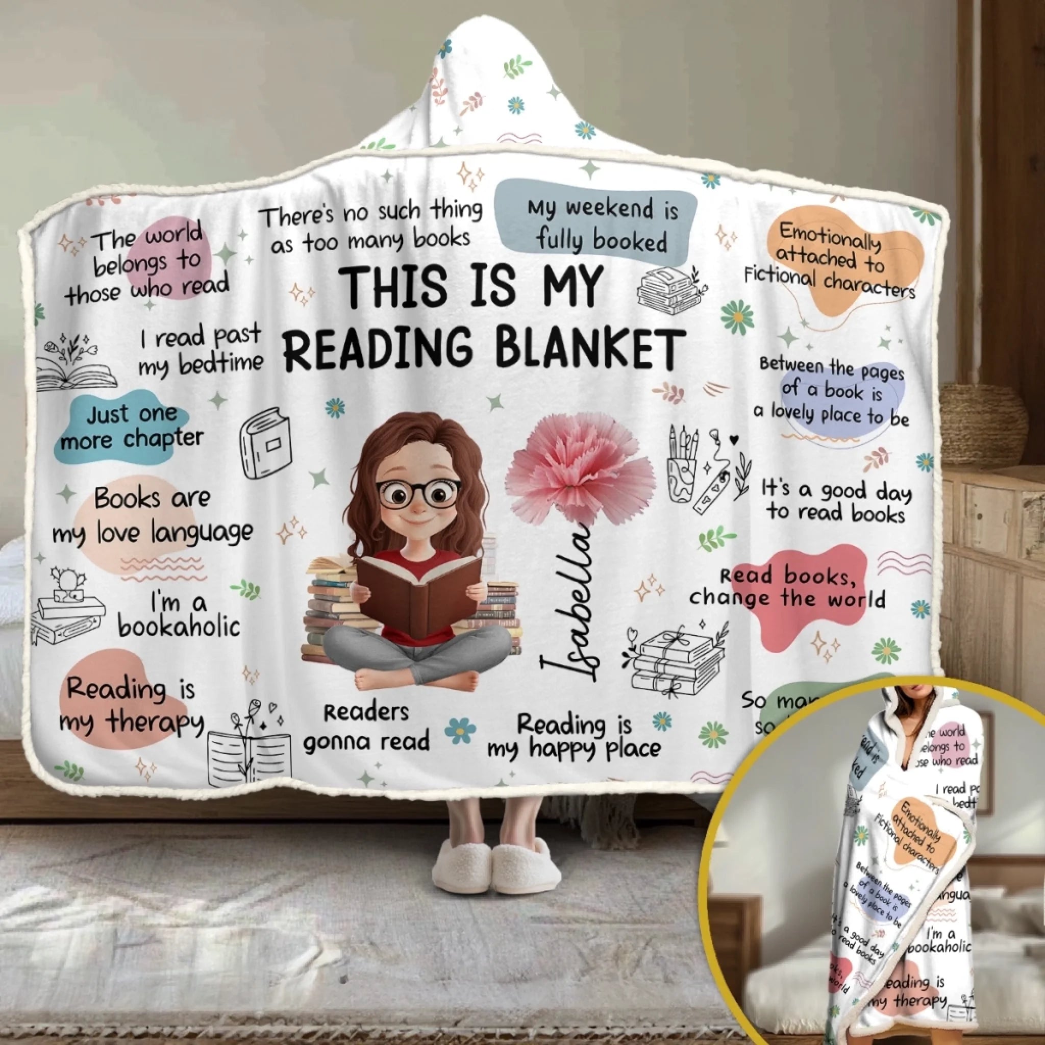 Custom Affirmation Snuggle Blanket Hoodie Blanket, Personalized Christmas Gift for Book Lovers and Readers