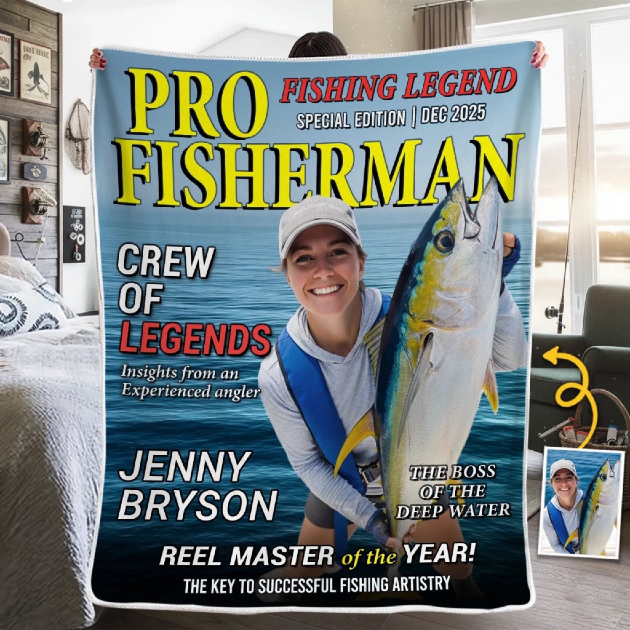 Custom Photo Magazine Blanket Personalized Fisherman Gift for Christmas Birthday Masters of the Deep