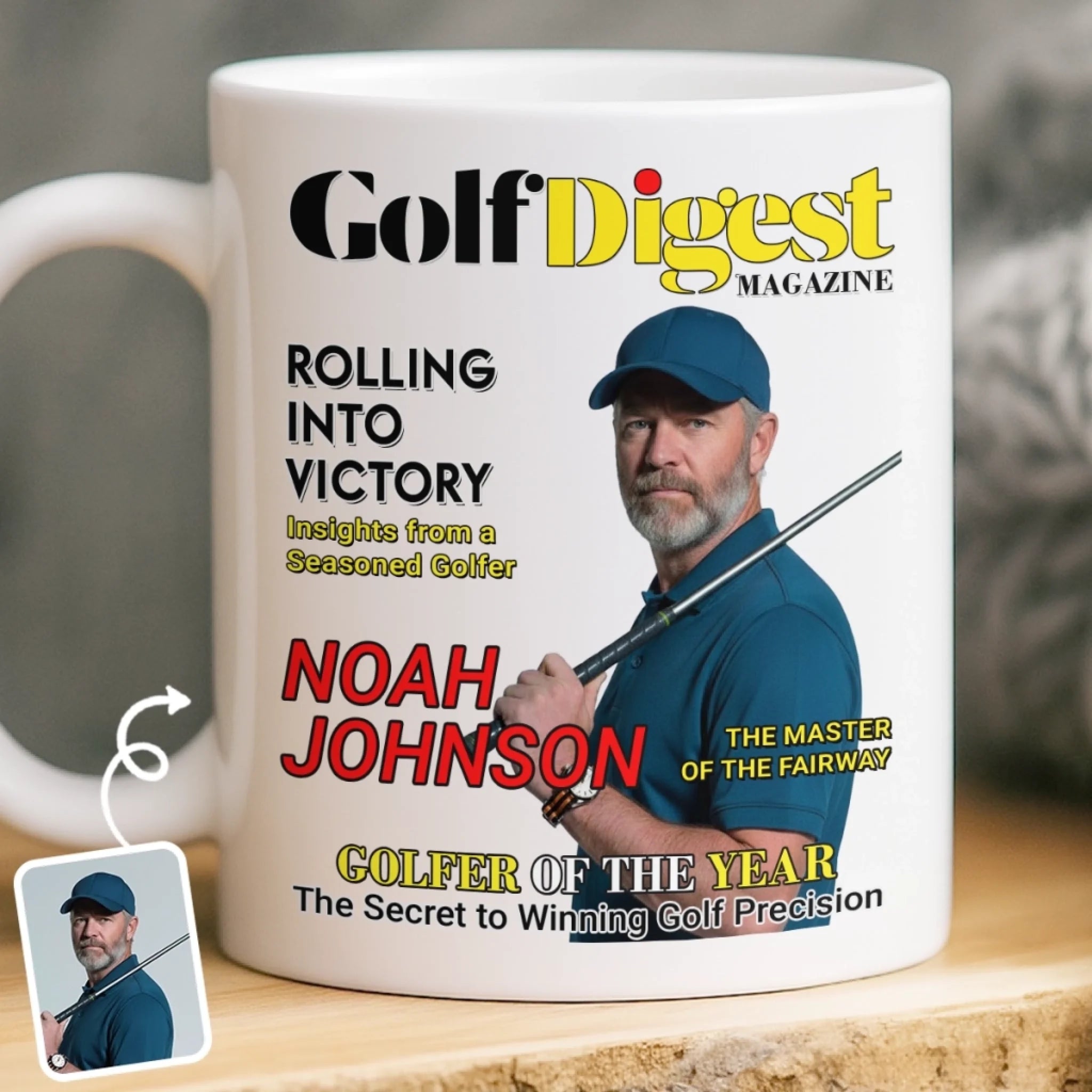 Custom Photo Magazine Mug, Personalized King of the Fairway Golf Christmas Birthday Gift