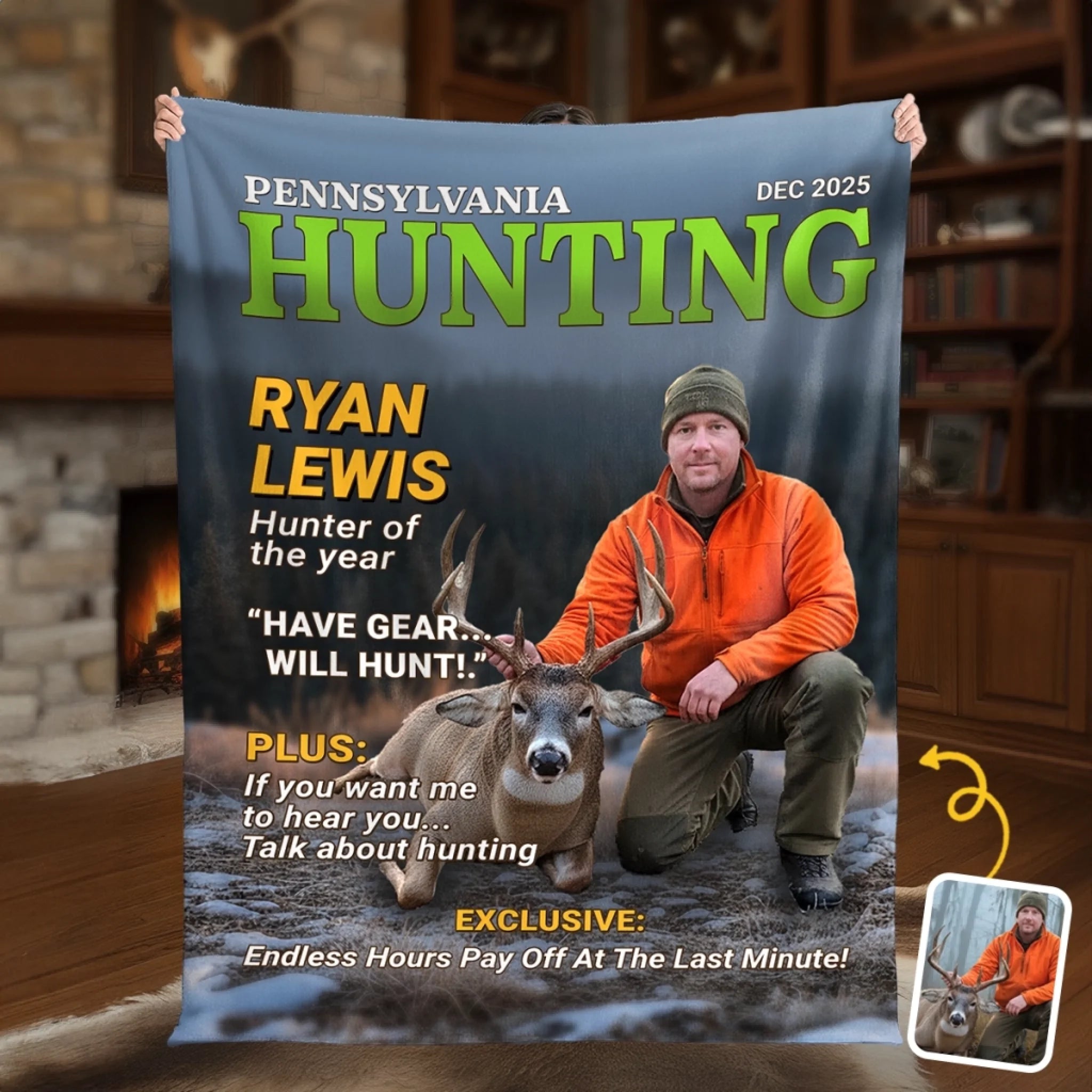 Custom Photo Magazine Blanket, Personalized Camo Hunting Gift for Hunters, Christmas or Birthday