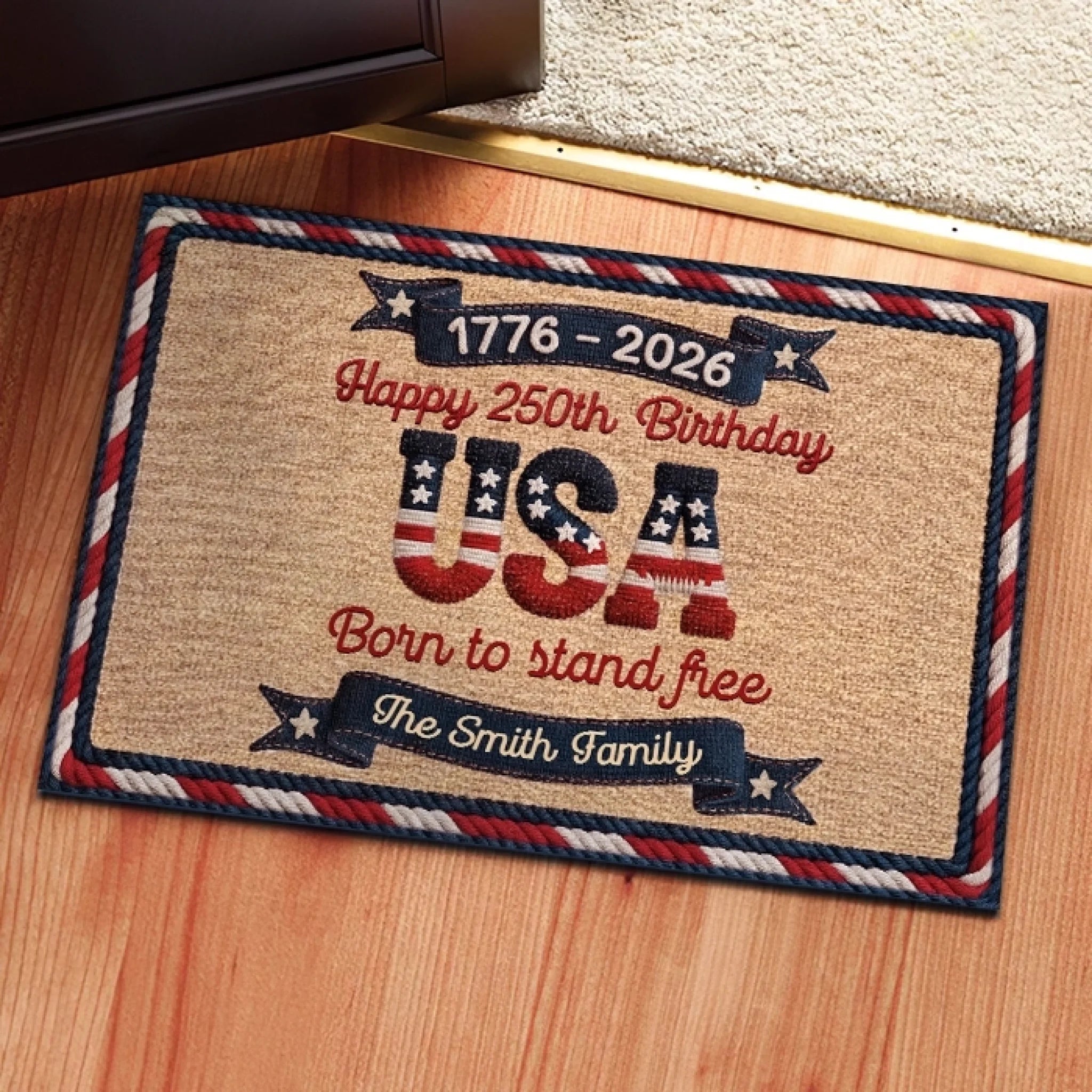 Personalized 4th of July Doormat Home of the Brave Patriotic Welcome Mat Gift