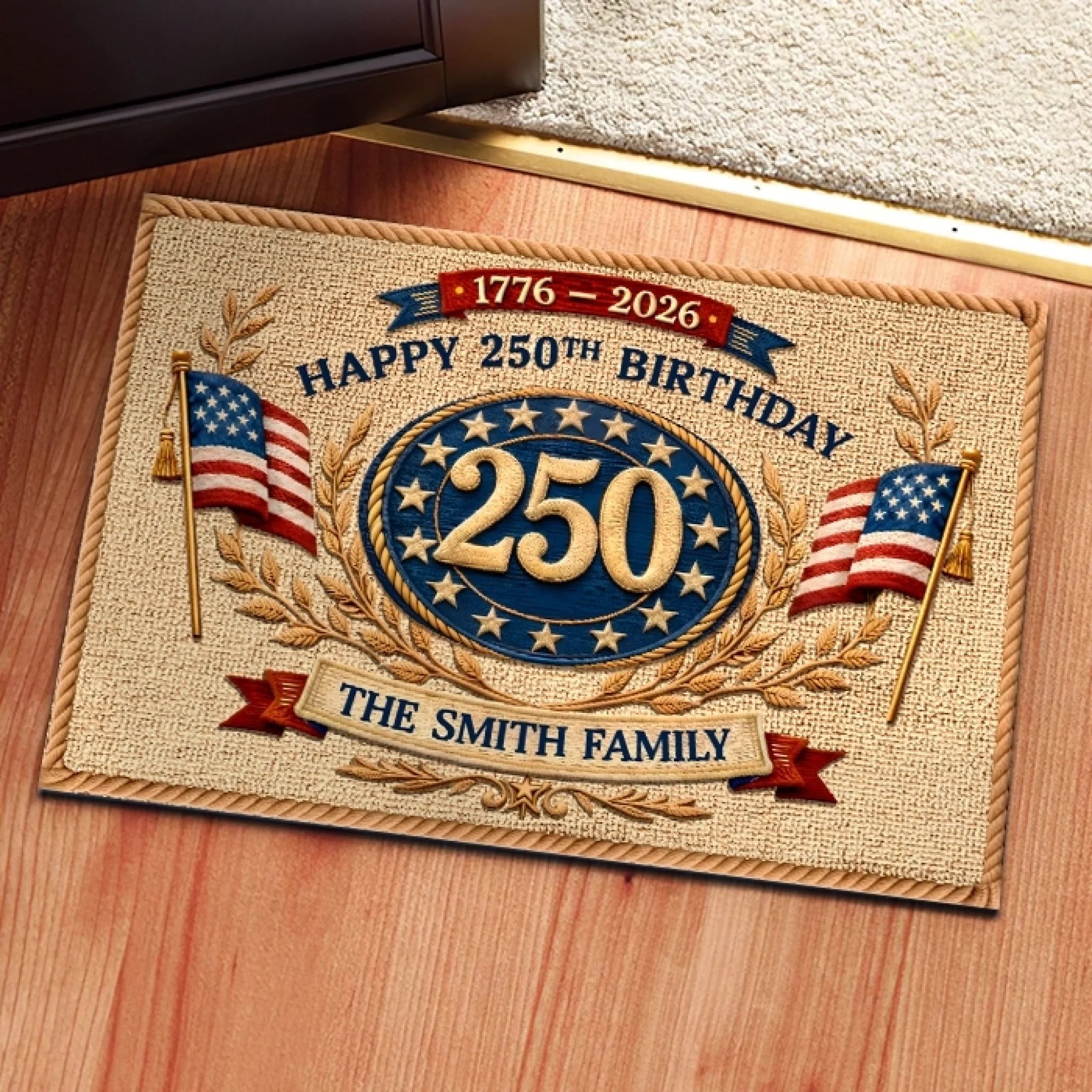 Personalized America 250th Anniversary Doormat, Custom Liberty Home Decor Gift for Family