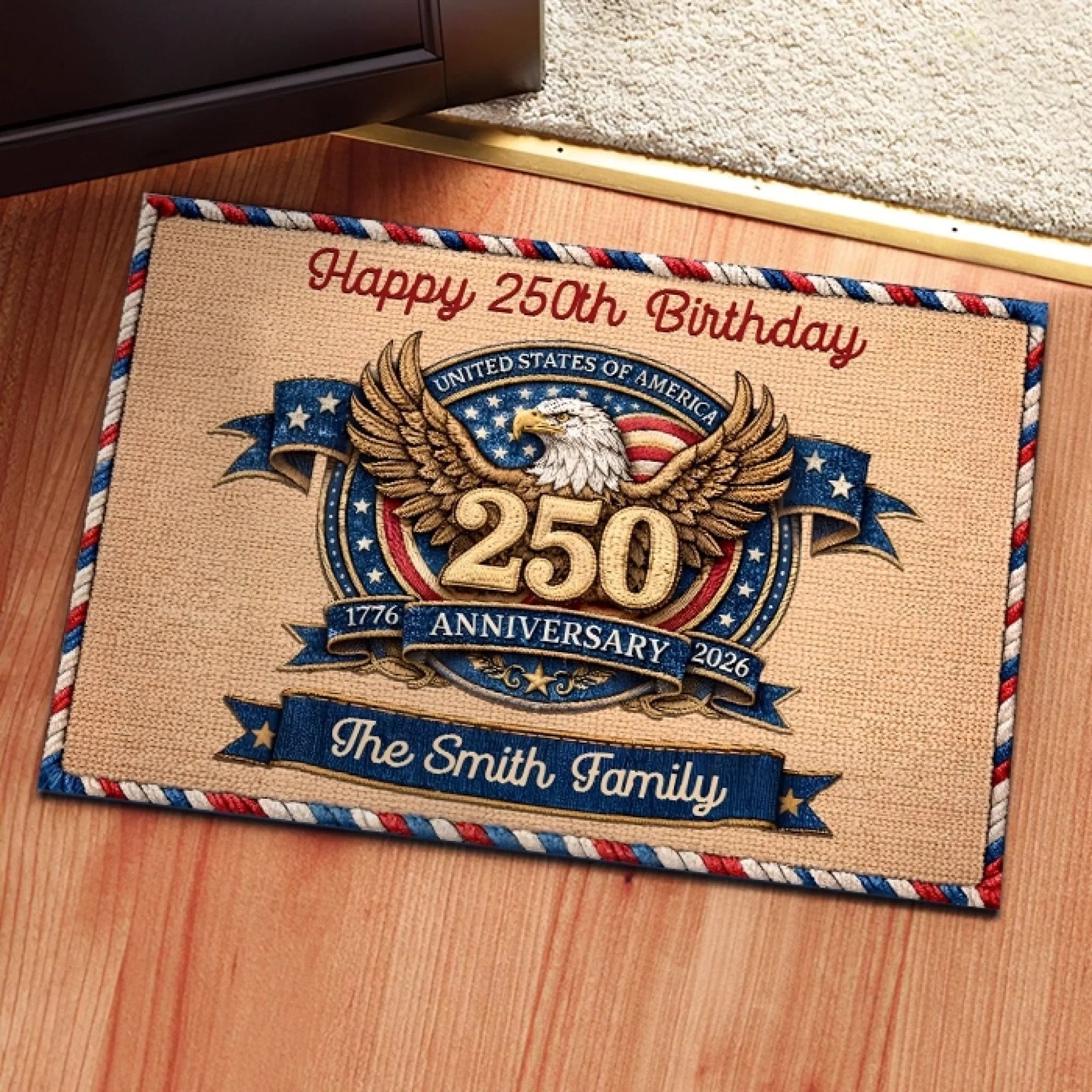Custom America 250th Anniversary Doormat, Personalized Patriotic Home Decor Gift for Family
