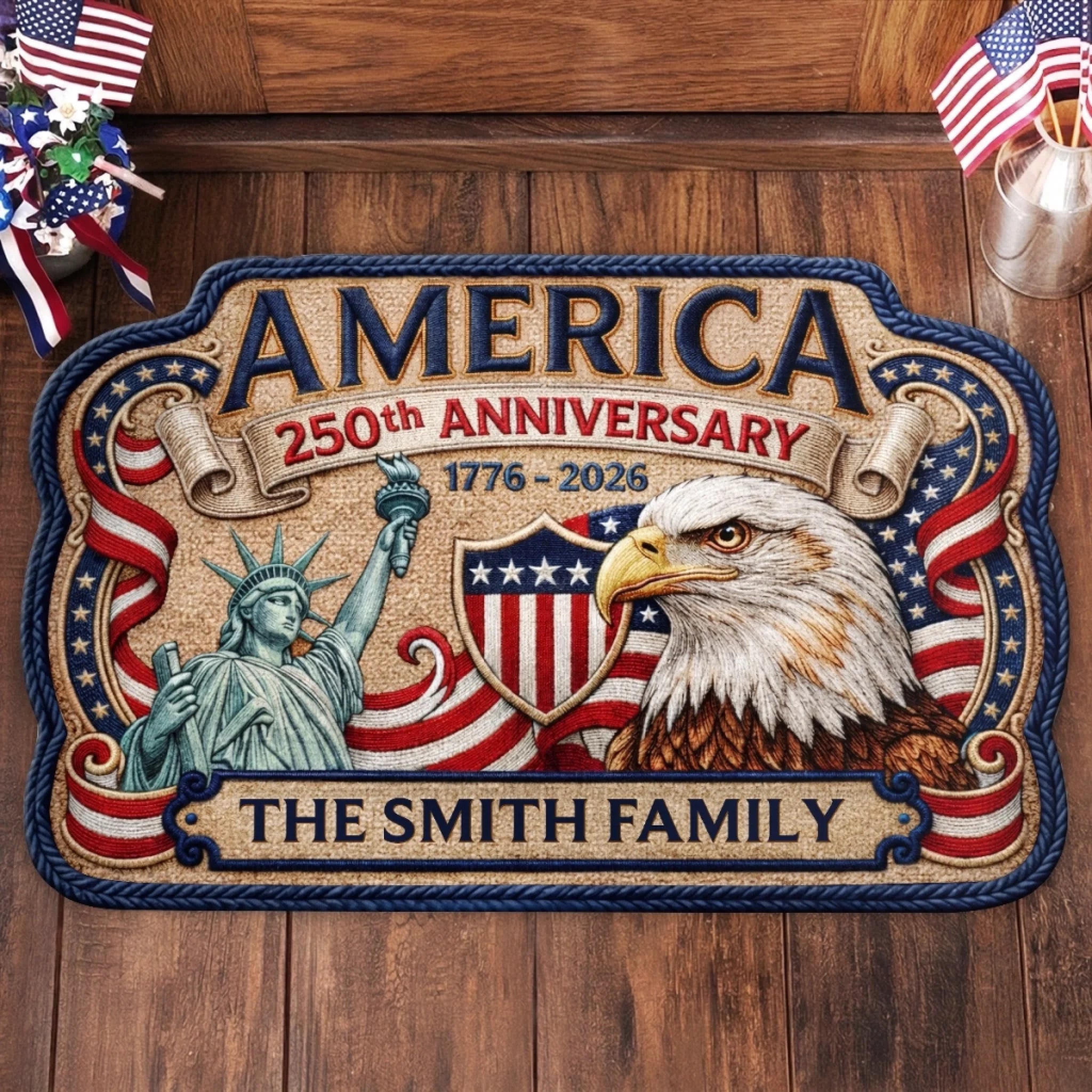 Personalized America 250th Anniversary Custom Shaped Doormat, United in Pride Family Gift