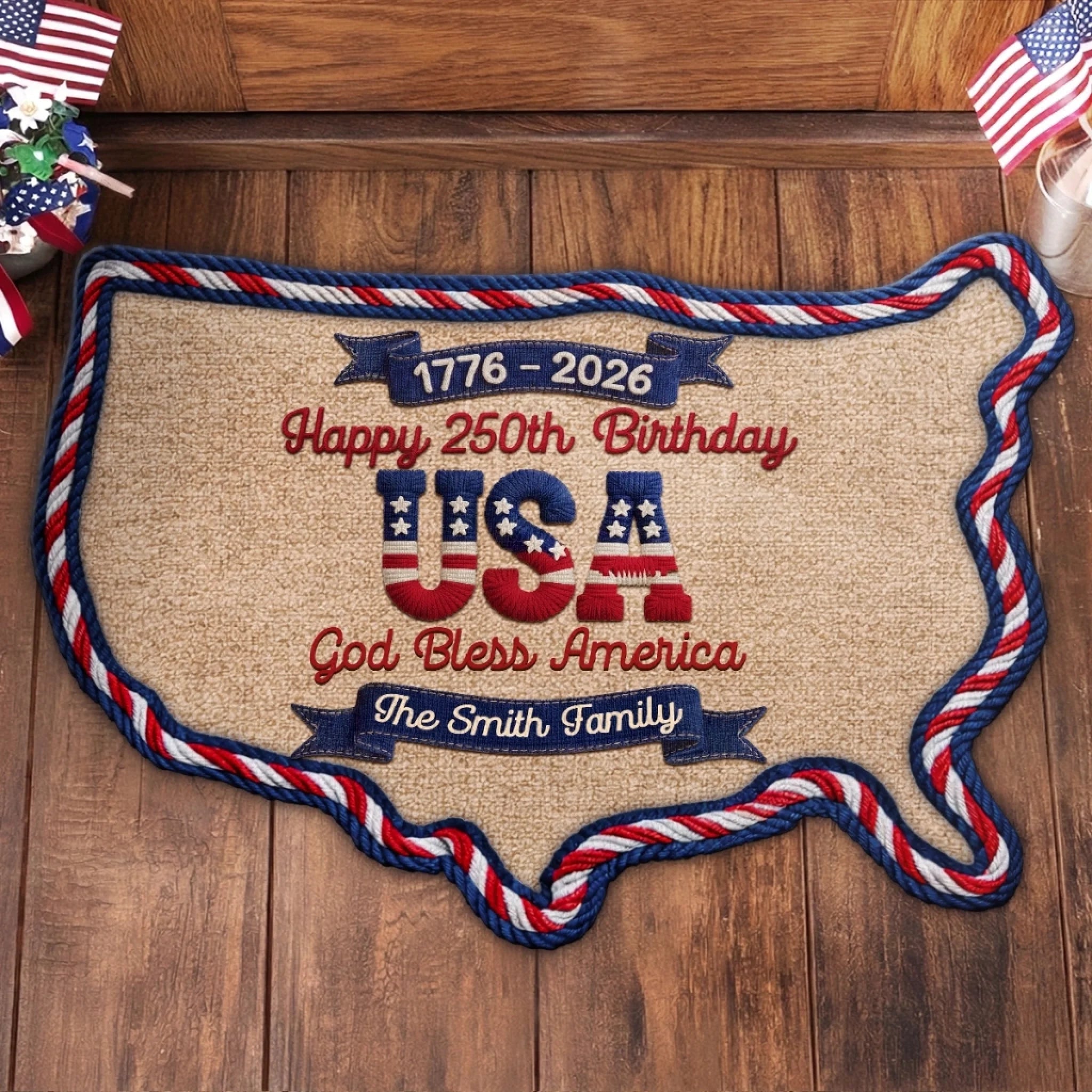 Custom Shaped Doormat, Personalized America 250th Anniversary Gift for Mom, Dad and Family