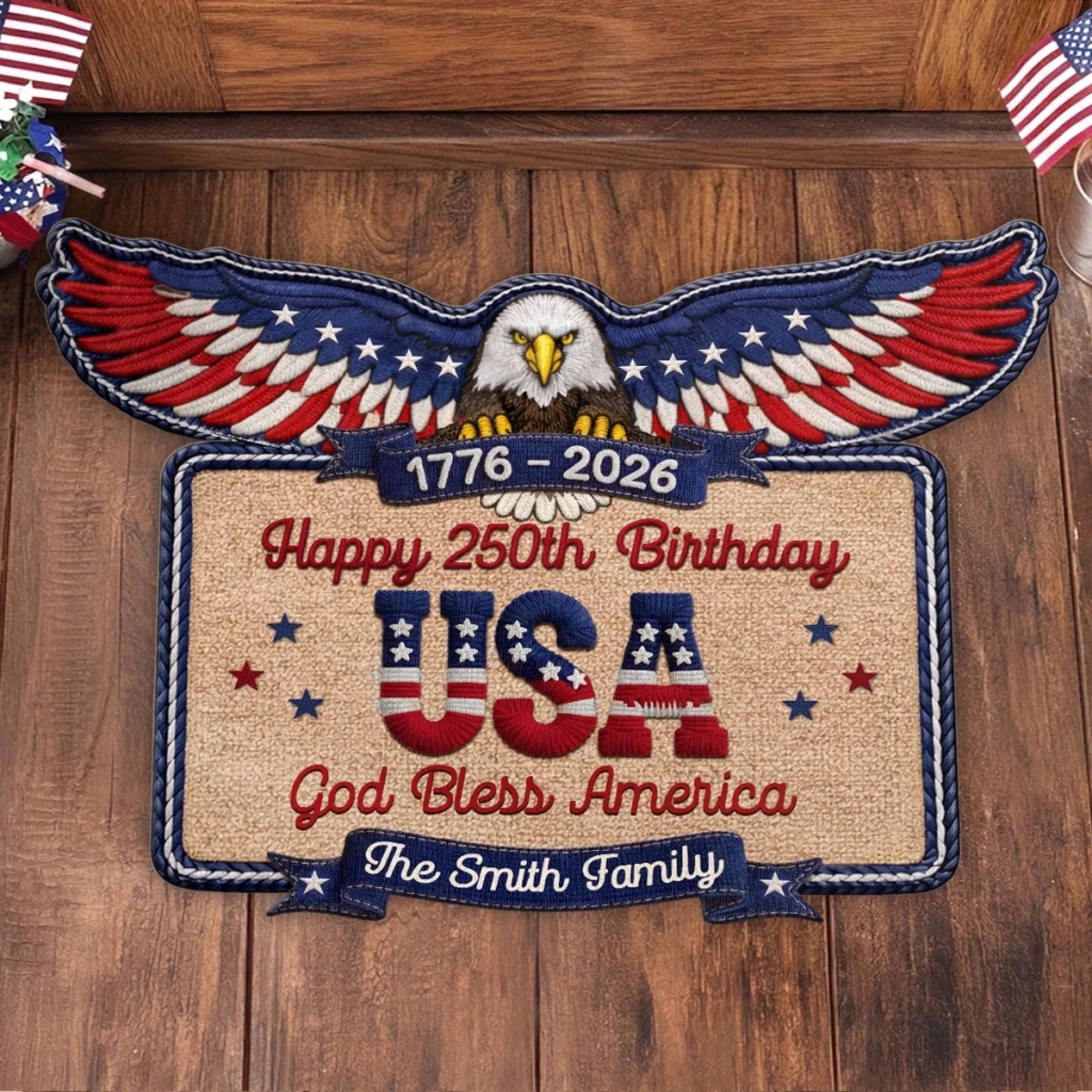 Custom Shaped Doormat, Personalized America 250th Anniversary Gift for Mom, Dad and Family