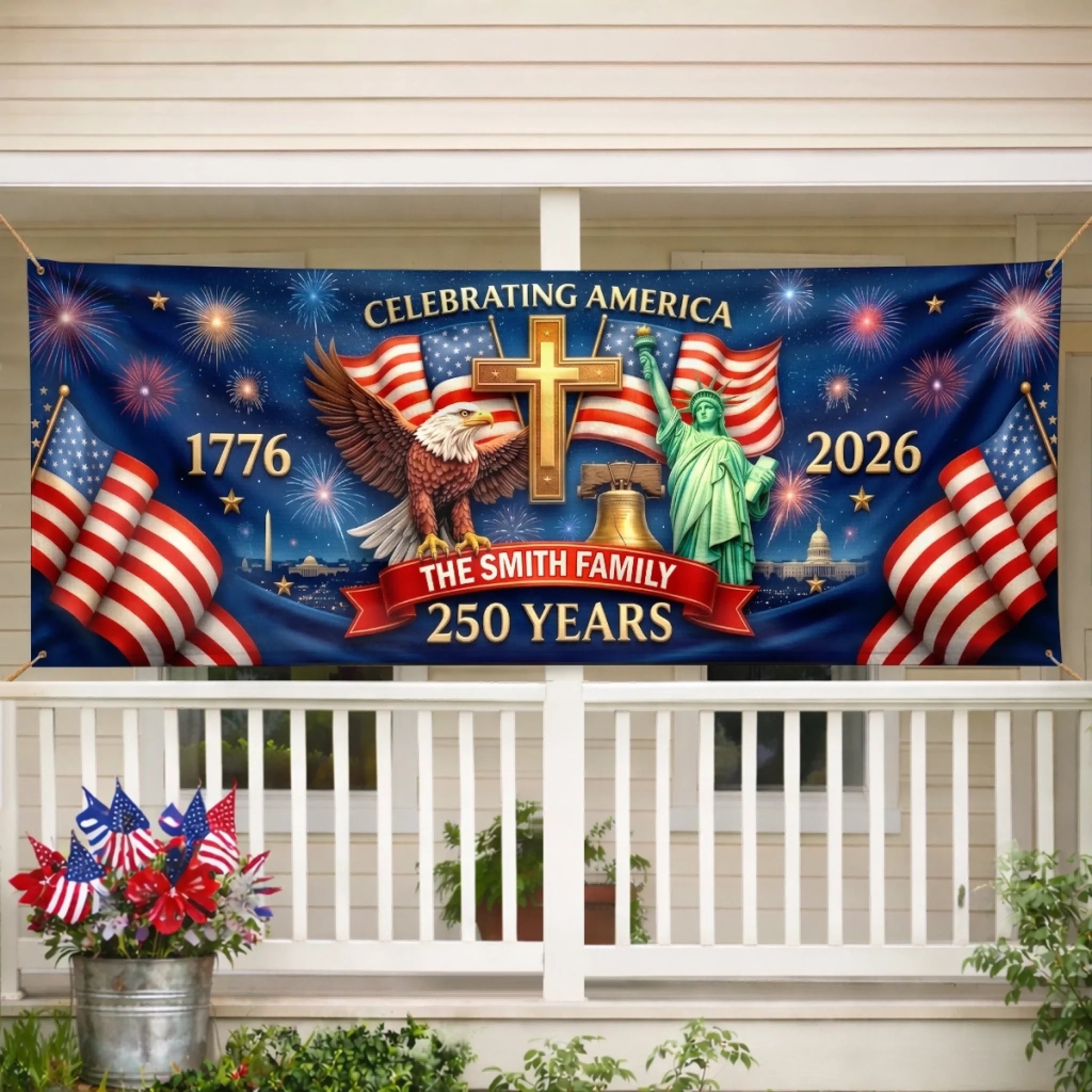 Custom Polyester Outdoor Banner Personalized America 250th Anniversary Gift for Family Proud Hearts Shine Bright