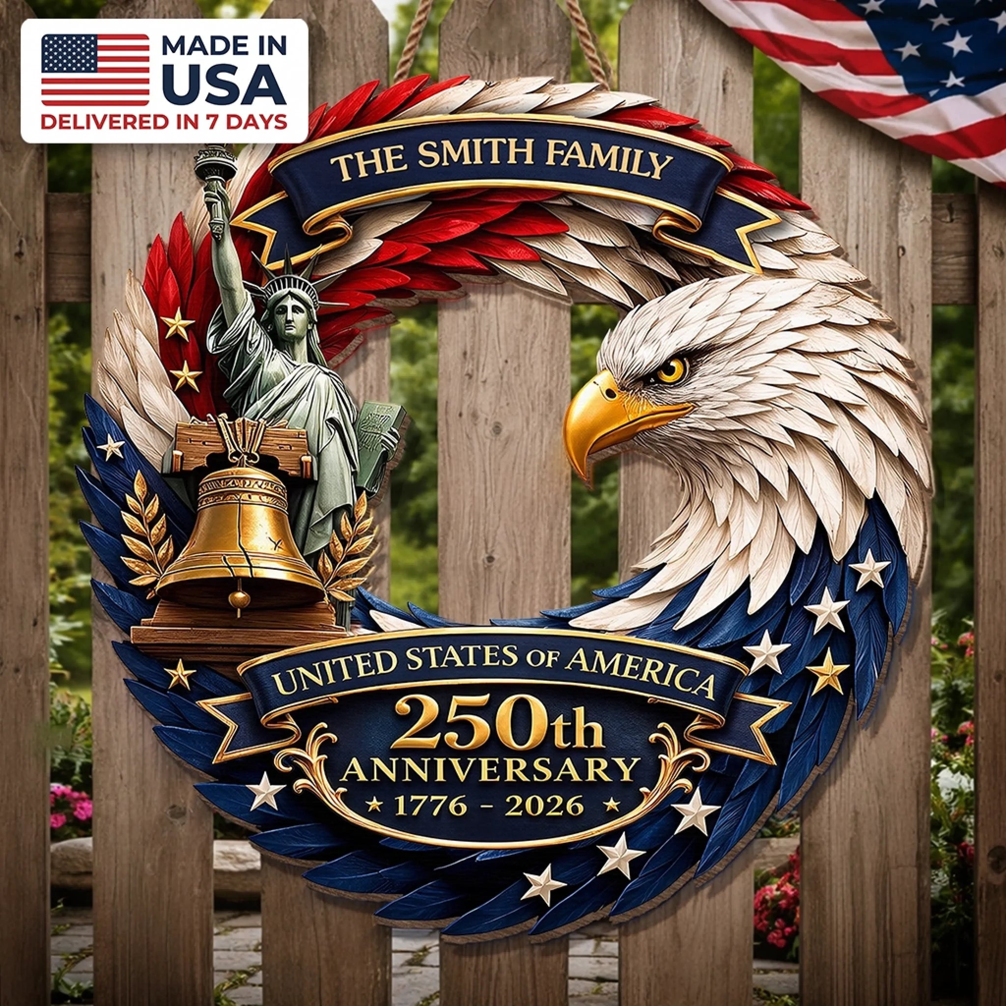 Custom Wood Sign Personalized America 250th Anniversary Eagle Patriotic Gift for Family