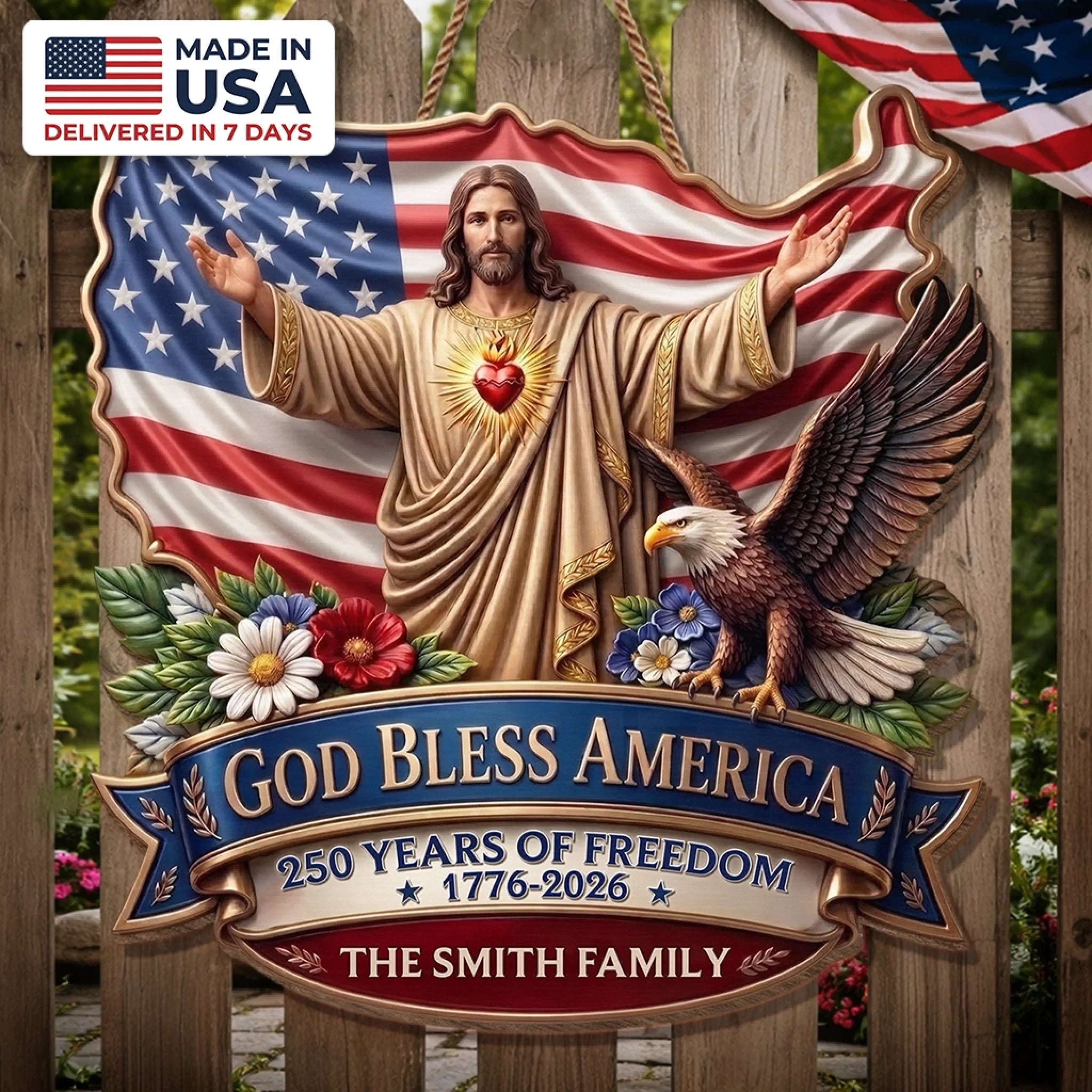Custom Wood Sign Personalized America 250th Anniversary Gift for Family God Bless America Forever