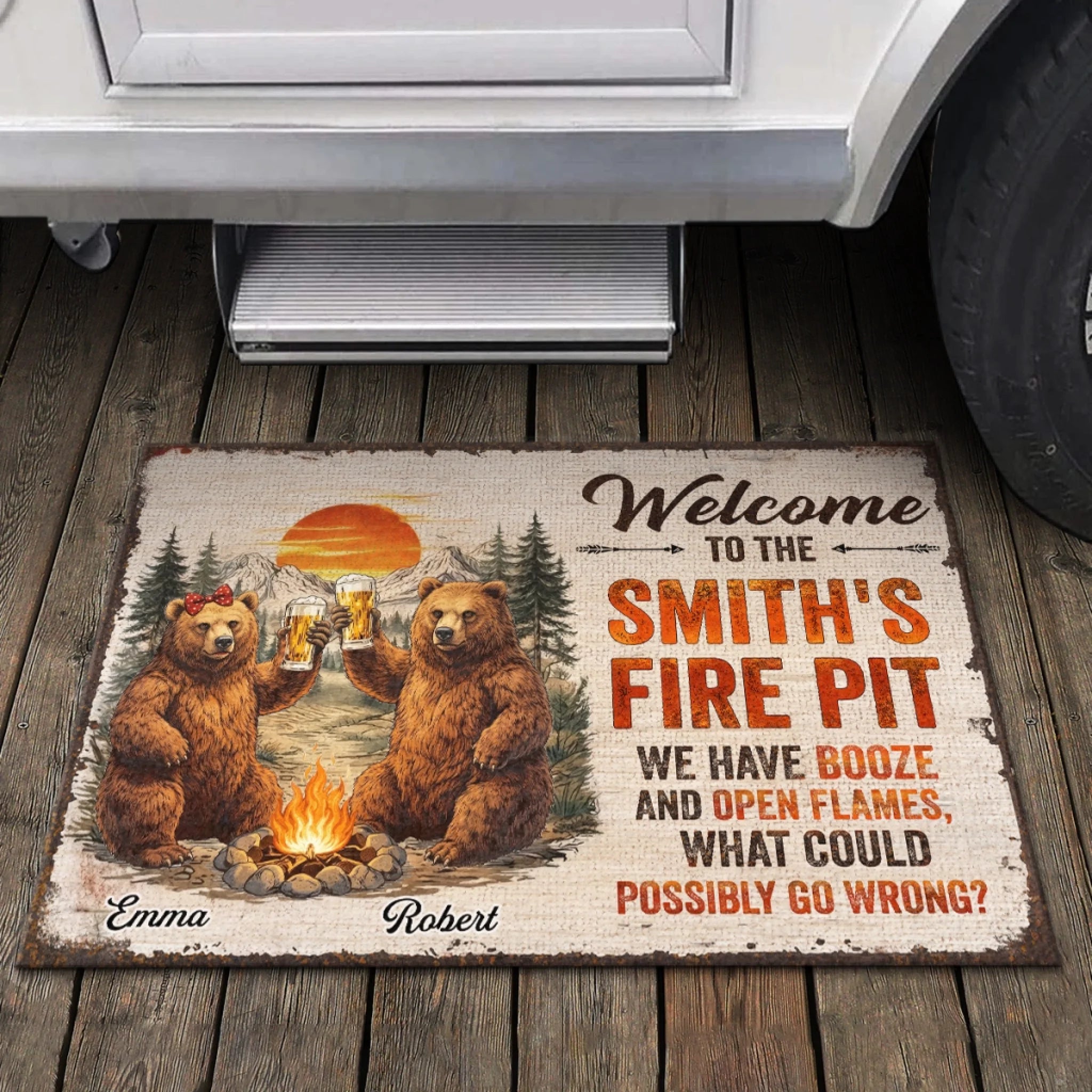 Personalized Fire Pit Doormat, Custom Camping Gift for Couples, Wedding or Anniversary Decor