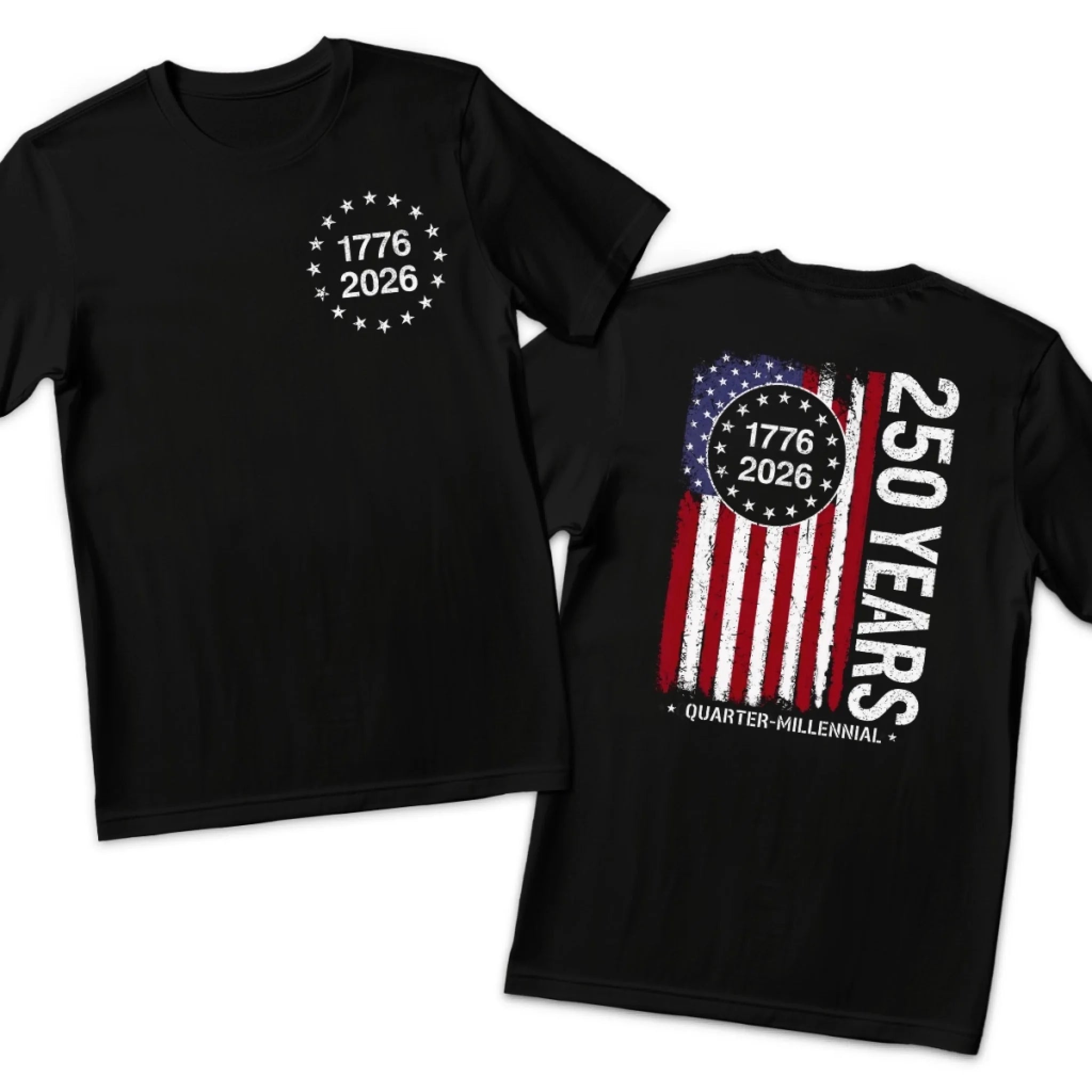 Back and Front Printed Unisex T-Shirt, America 250th Anniversary Gift with Sparkling Flag Freedom Forever Design