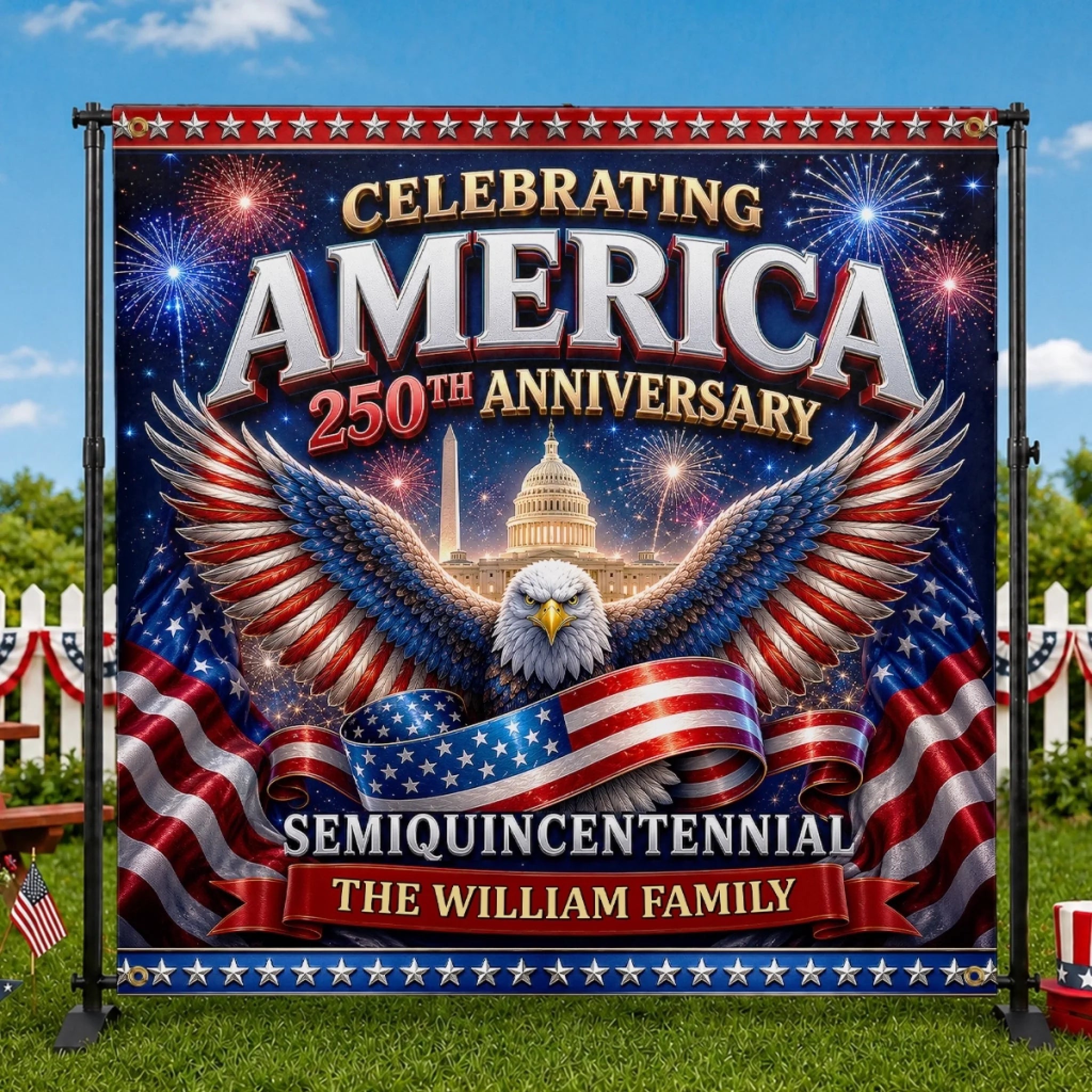 Custom America 250th Anniversary Backdrop Personalized Patriotic Gift for Family Backyard Party