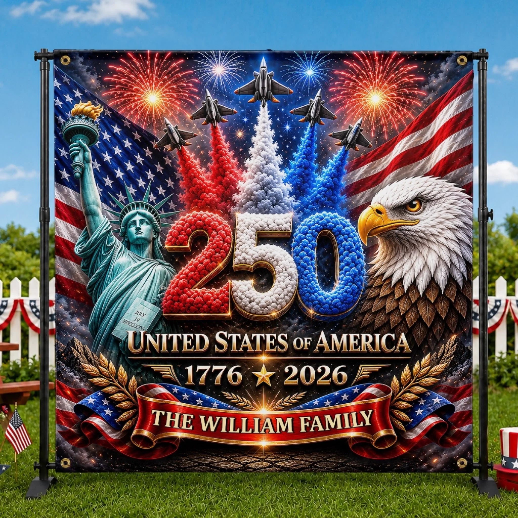 Custom America 250th Anniversary Backdrop Personalized Patriotic Party Gift for Family