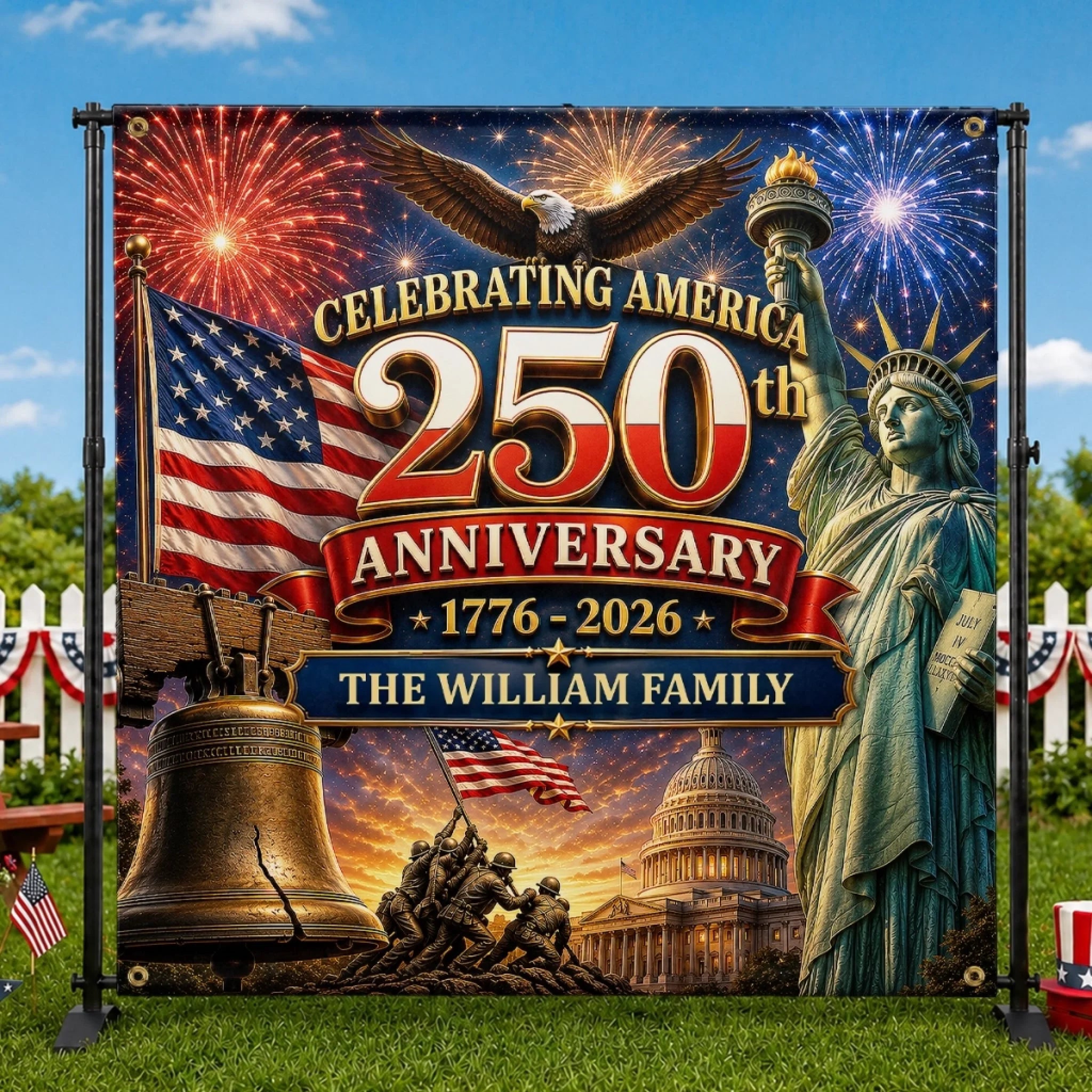 Personalized America 250th Anniversary Backdrop, Red White Blue Custom Gift for Mom Dad and Family