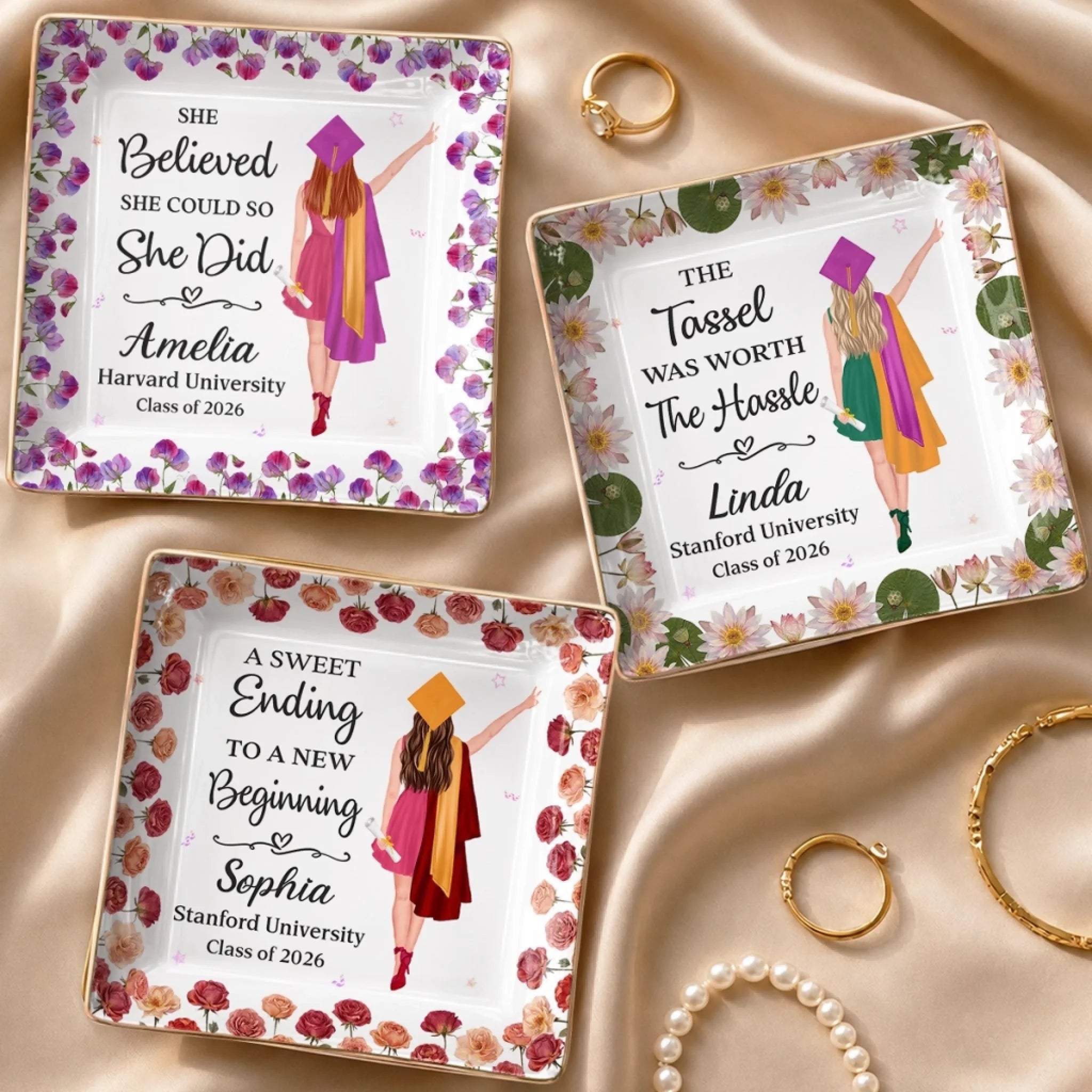 Custom Full-Print Jewelry Dish, Personalized Graduation Gift for Her, Bloom Boldly Graduate Girl