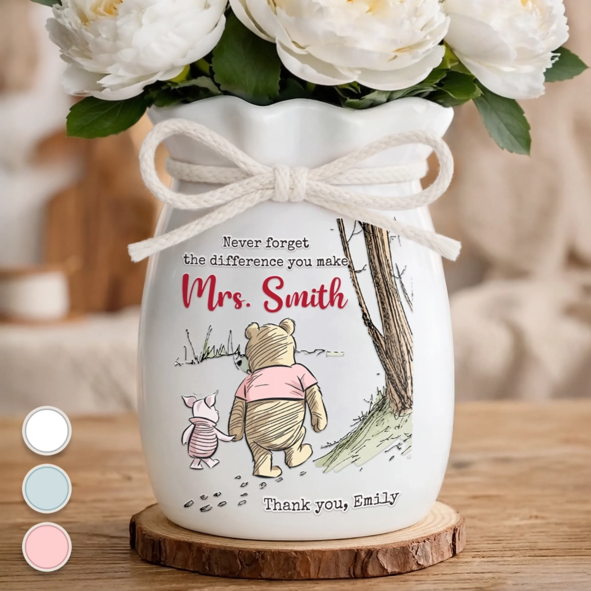Personalized Ceramic Flower Vase With Ribbon, Custom Graduation Gift for Teachers