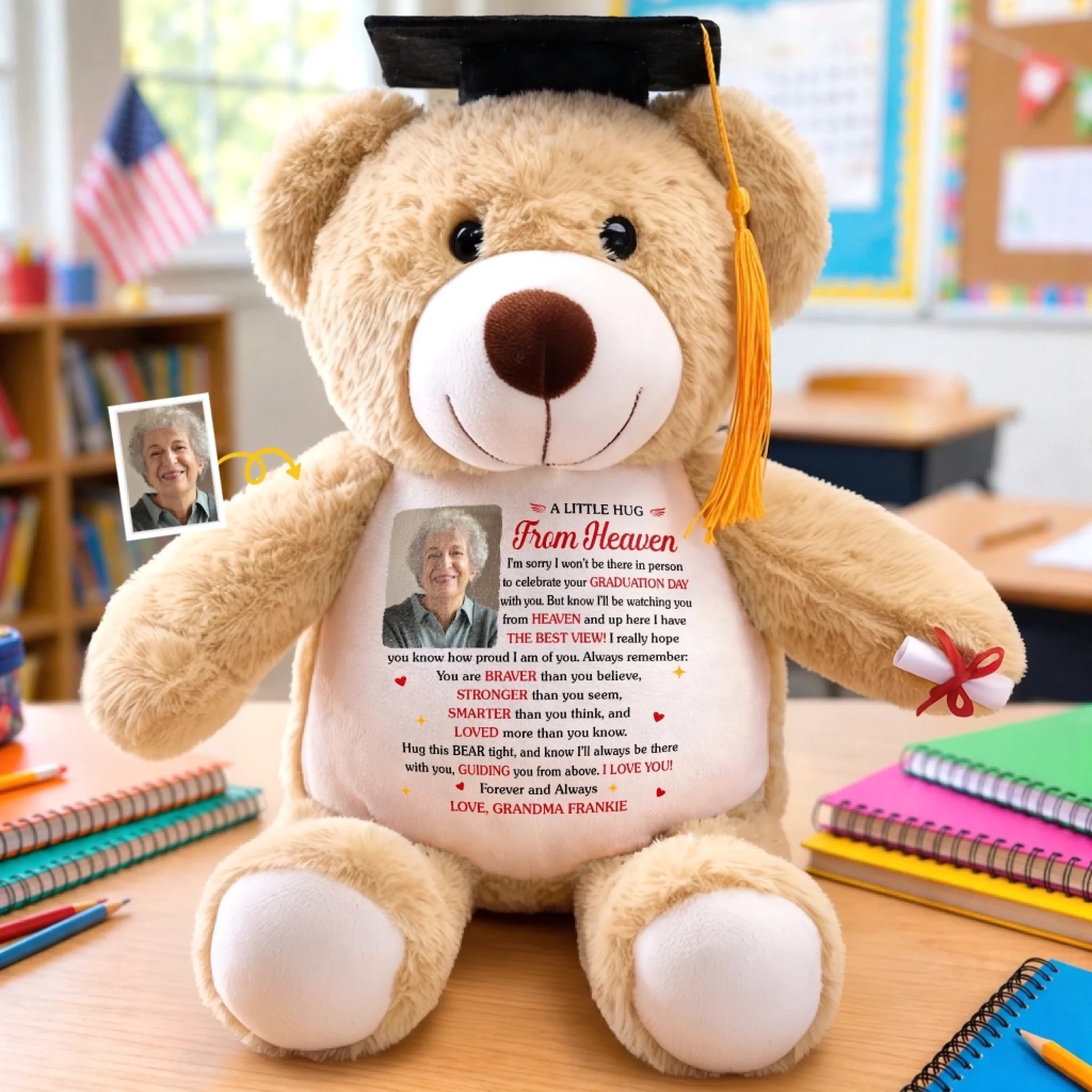 Custom Photo Graduation Plush Bear, Personalized Memorial Sympathy Gift for Loss of Mom or Dad