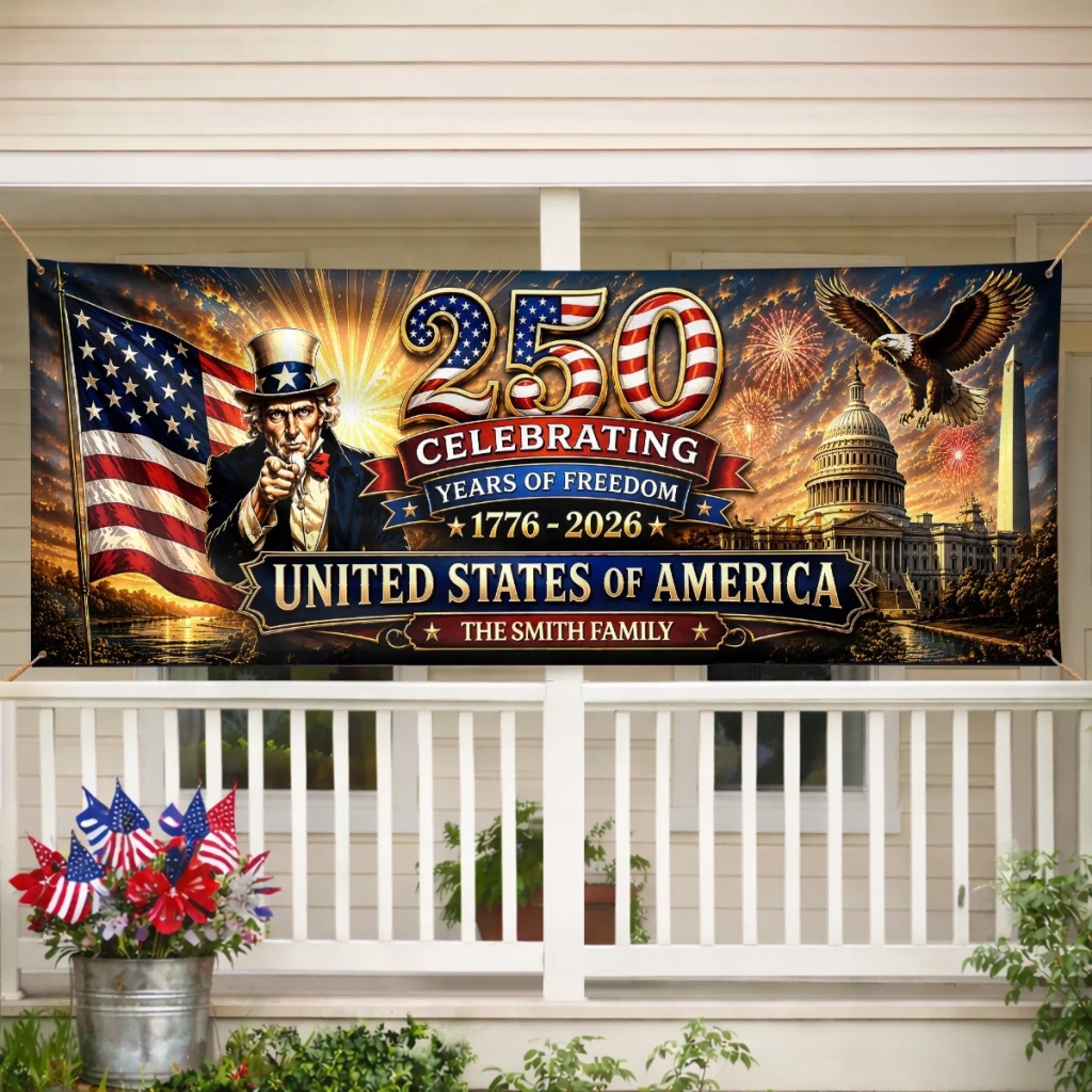 Custom Polyester Outdoor Banner Personalized America 250th Anniversary Gift with Stars Stripes and Strong Roots