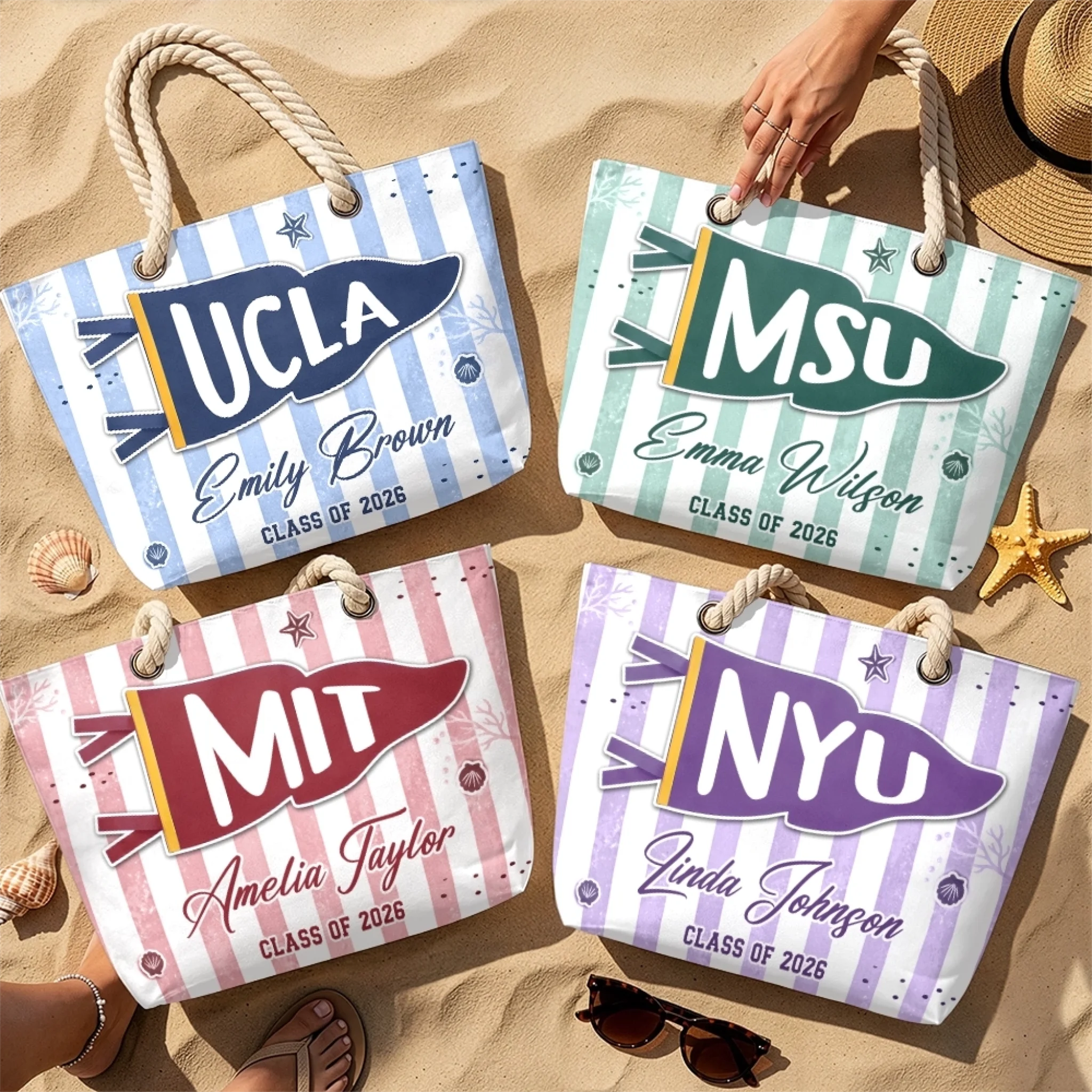 Custom Beach Tote Bag Personalized for Summer Vacation Travel, Graduation Gift for Him or Her