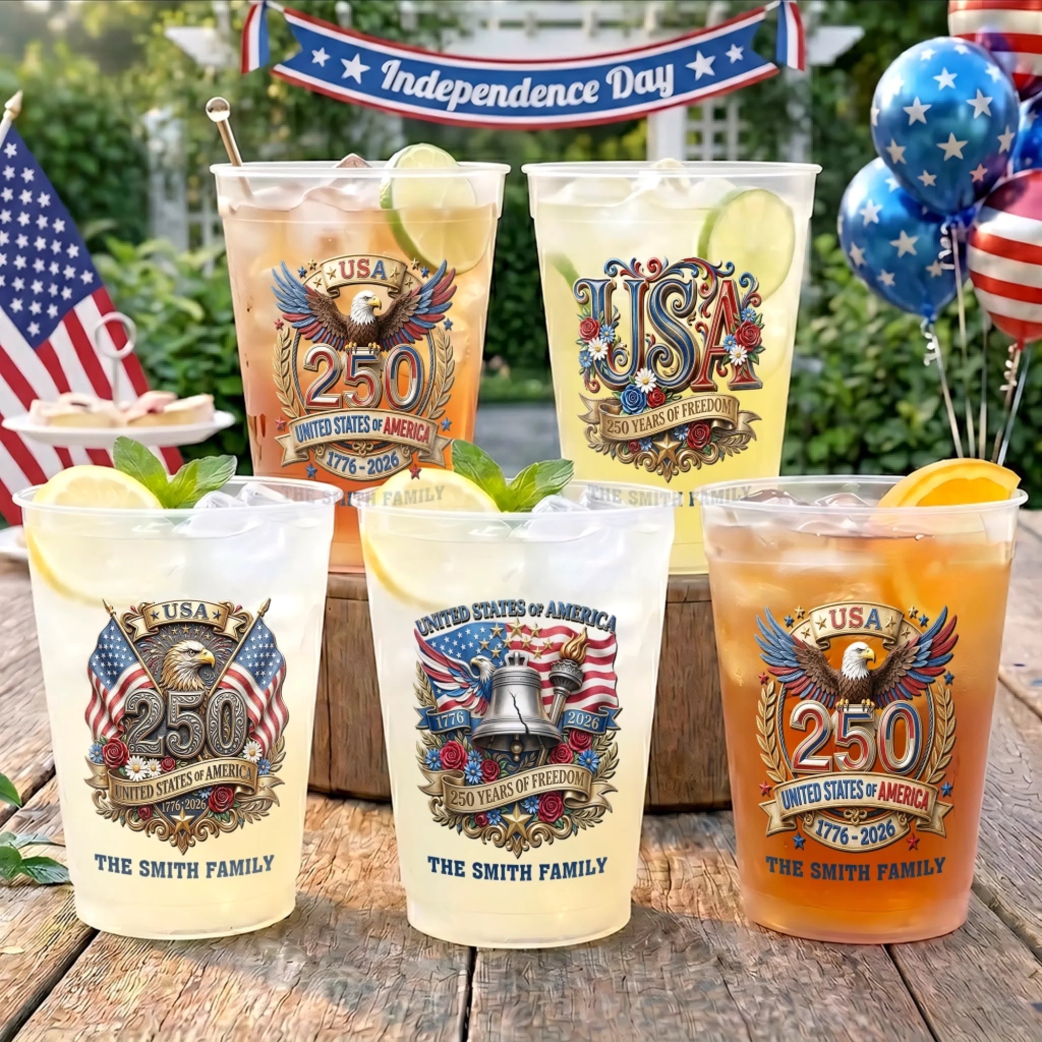 Custom Party Cups Personalized America 250th Anniversary Gifts for Family Cheers to 250 Years