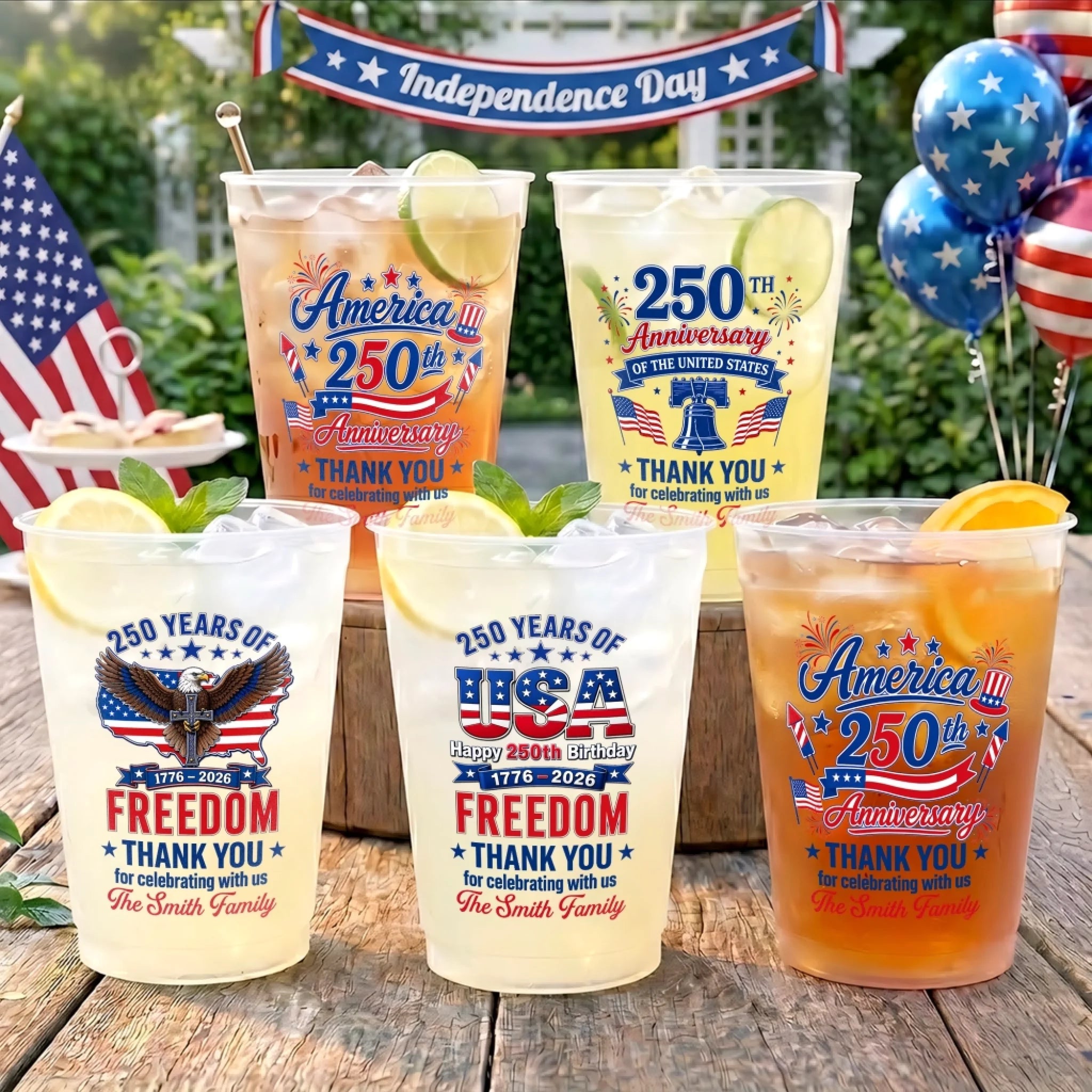 Custom Party Cups Personalized America 250th Anniversary Gifts for Family Freedom Celebration
