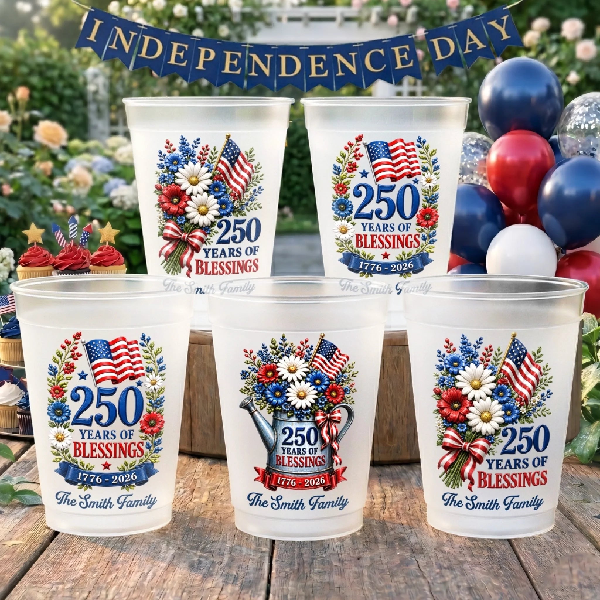 Custom Party Cups Personalized America 250th Anniversary Gifts for Family Land of the Free Cheers
