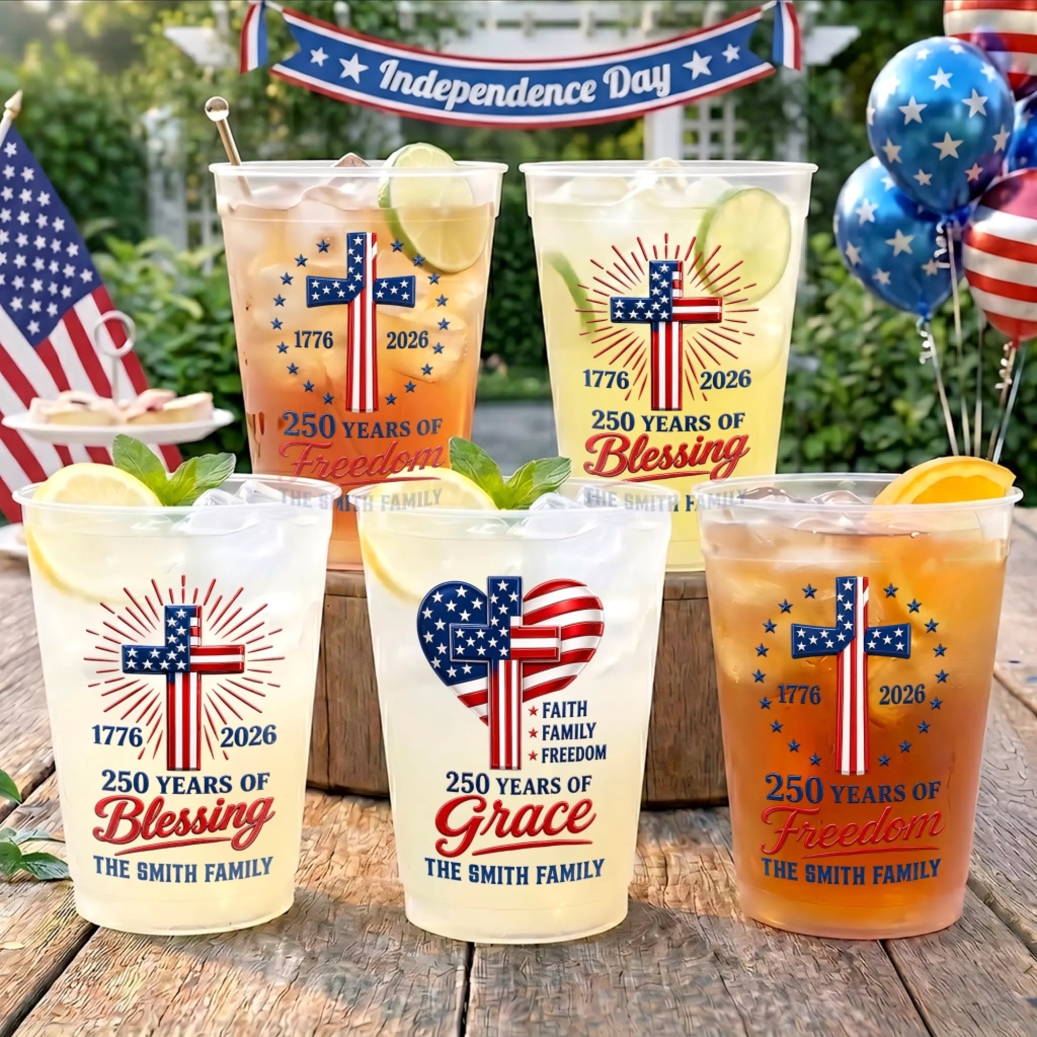 Custom Party Cups Personalized America 250th Anniversary Family Freedom Fiesta Gifts