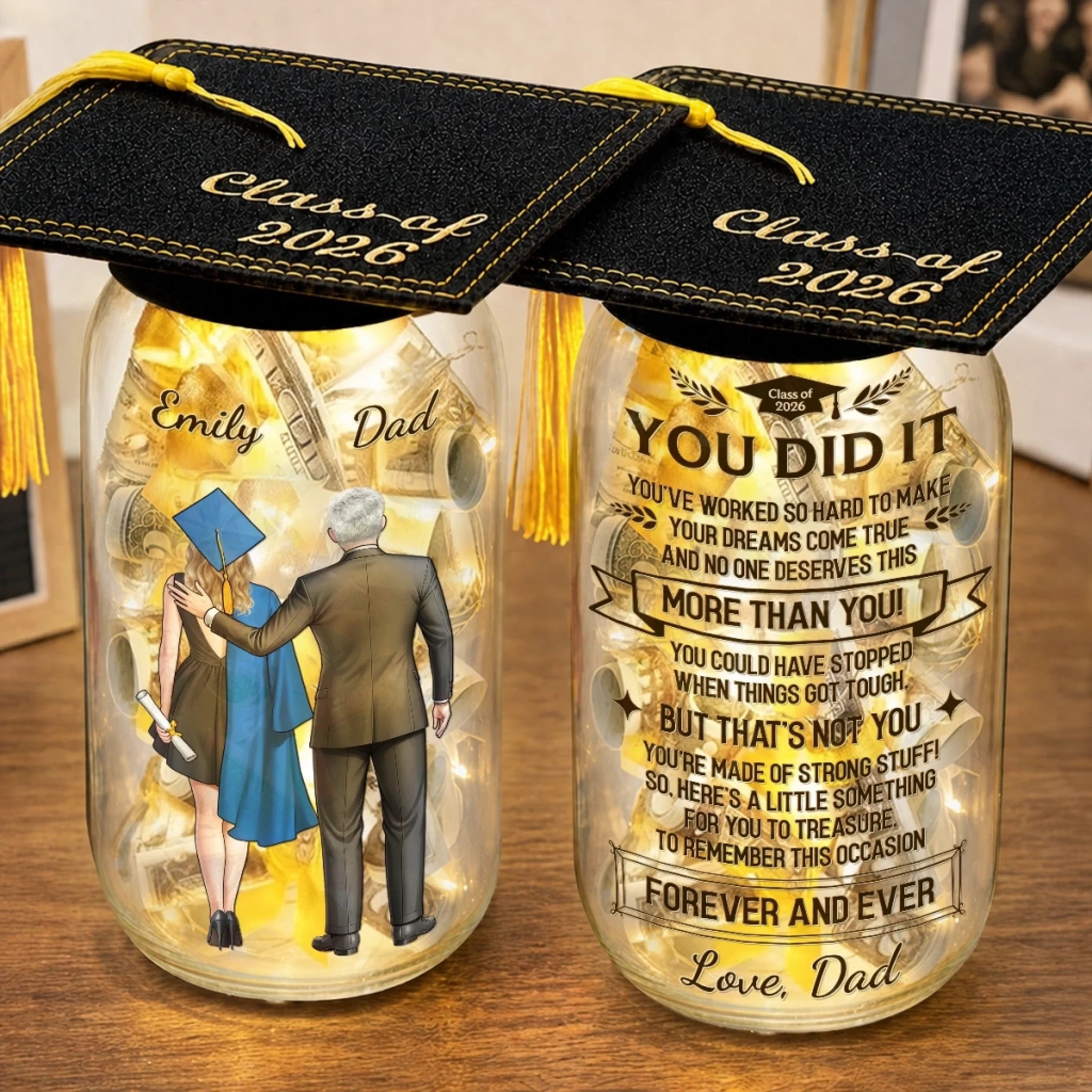 Personalized Graduation Money Holder Mason Jar Light, Custom Forever Proud Gift for Son or Daughter