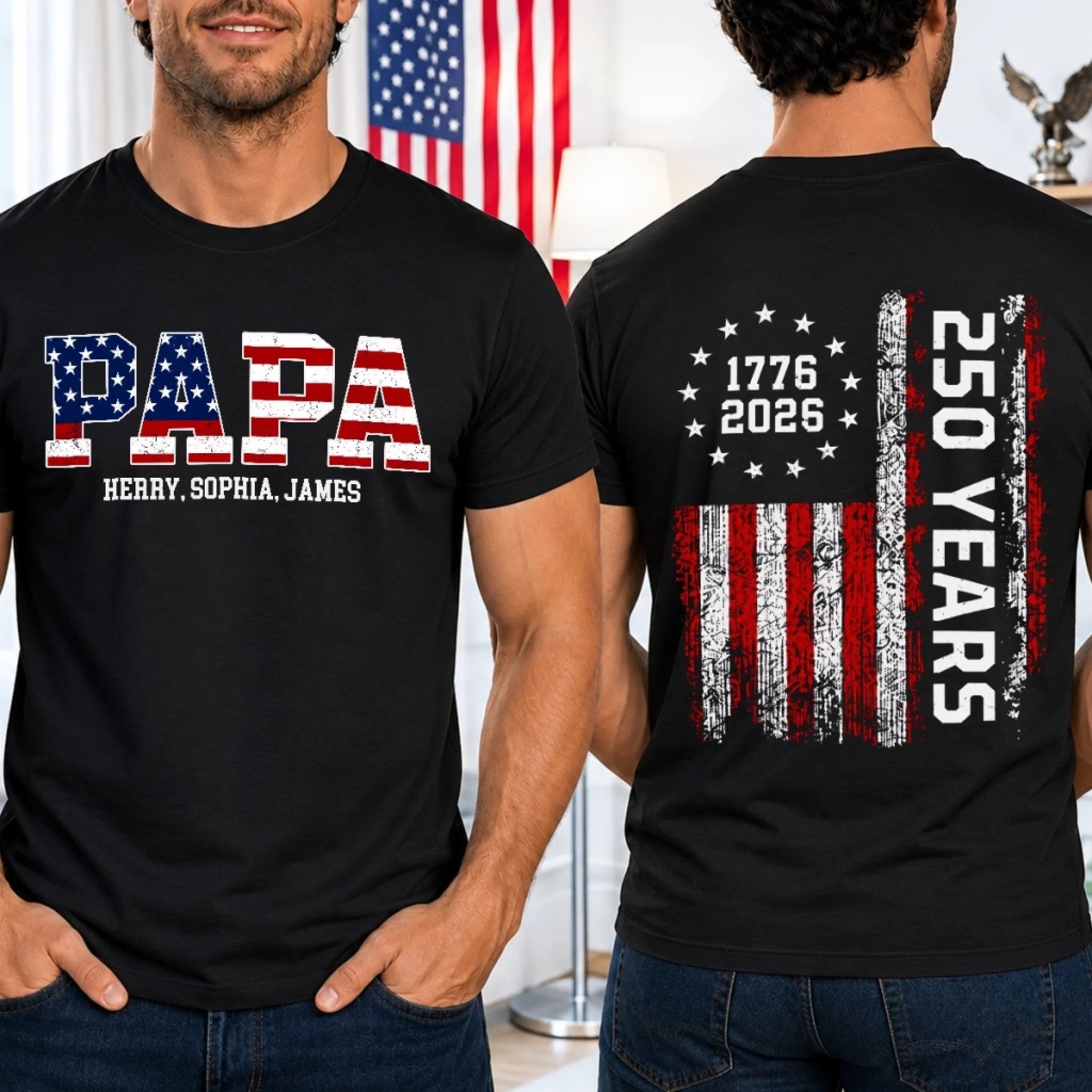 Custom T-shirt Personalized America 250th Anniversary Gift for Dad or Grandpa Raised American Proud