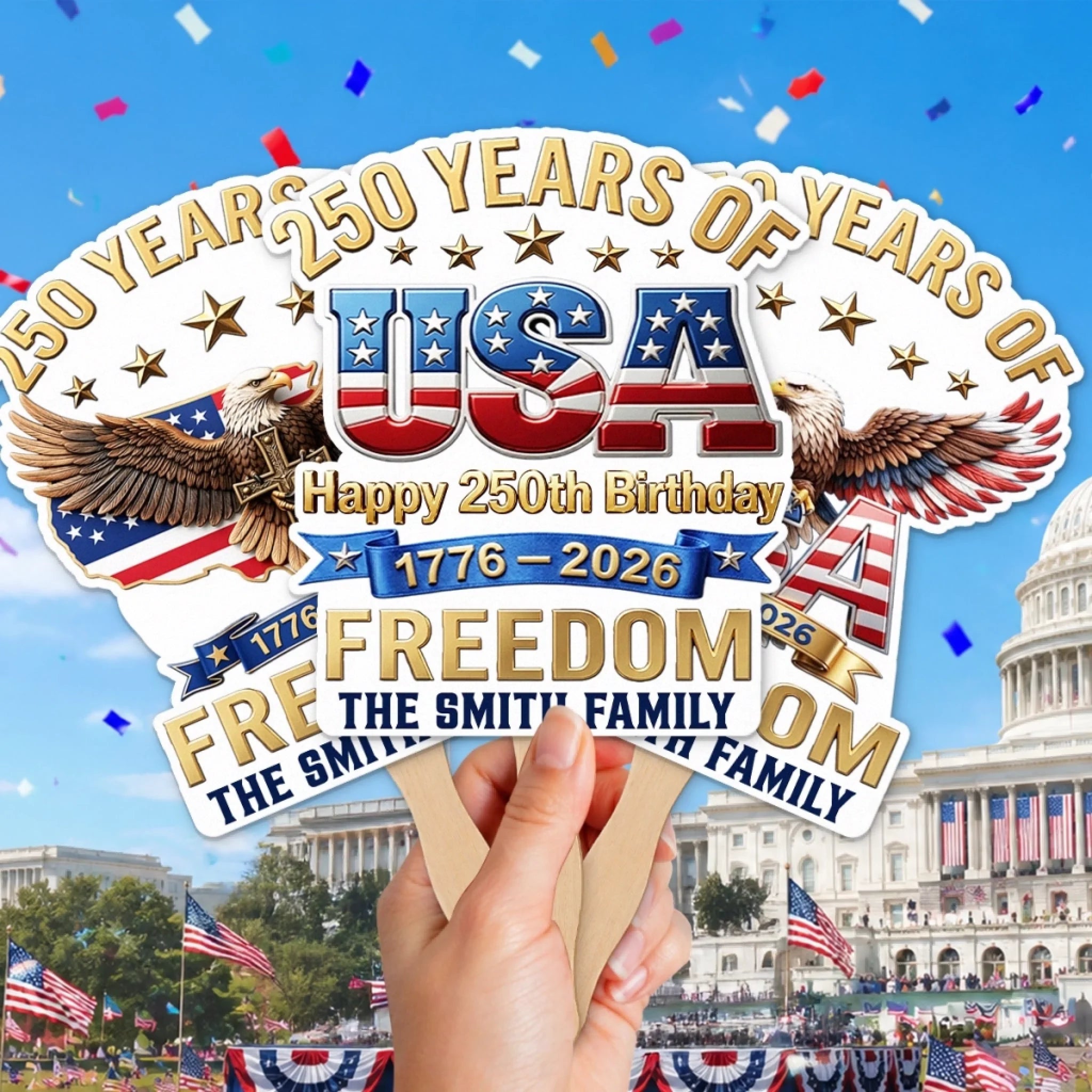 Custom Hand Fan Personalized America 250th Anniversary Gift for Family Celebrating Freedom Coast to Coast